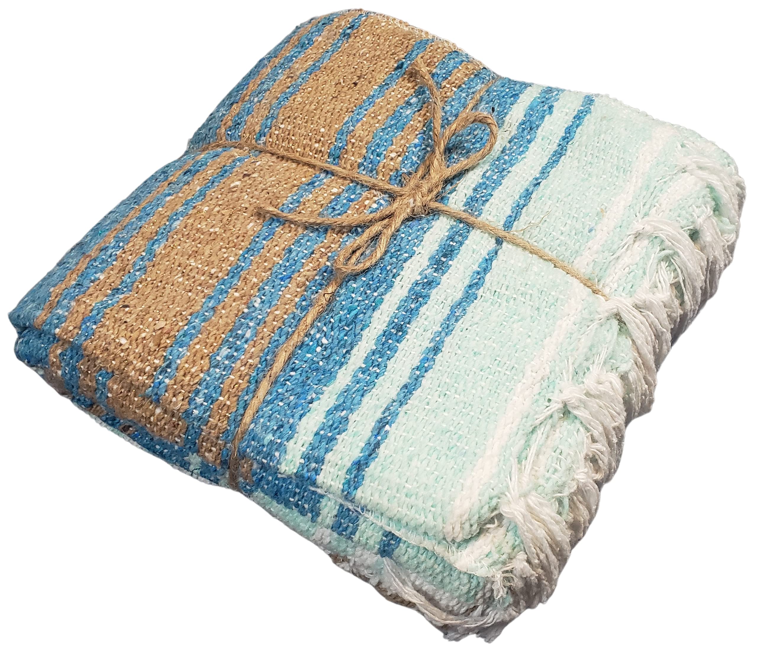 Authentic Handwoven Mexican Serape Blanket - Turquoise & Gray Yoga, Beach, Camping & Picnic Blanket - Soft & Durable for Outdoor Activities, Home Decor & Bohemian Style