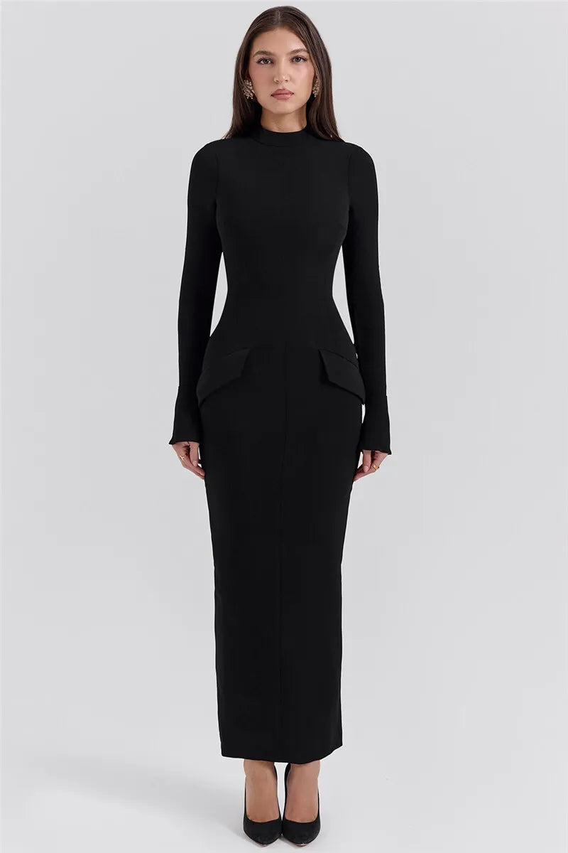 Elegant Black Long Sleeve Bodycon Maxi Dress for Women - O Neck with Two Pockets & Back Split - Perfect for Fall Winter Fashion, Date Nights, and Evening Parties