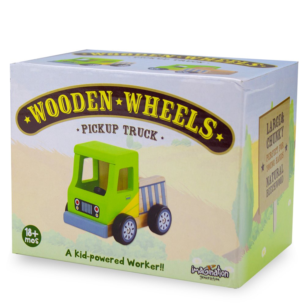 Imagination Generation Natural Beech Wood Pickup Truck Toy with Wooden Wheels - Eco-Friendly Lime Green Toy Car for Kids, Perfect for Pretend Play & Toddler Learning Activities