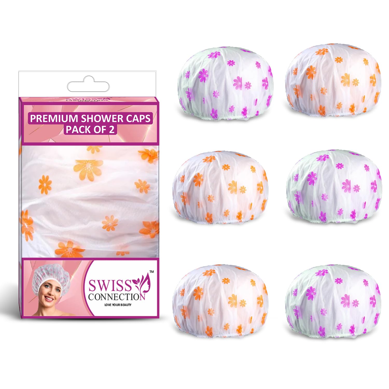 Waterproof Reusable Shower Cap - Free Size Swiss Connection Bath Cap for Home, Spa, Salon & Hair Treatment - Durable Multicolor Pack of 6 - Perfect for Swimming, Travel & Daily Hair Care