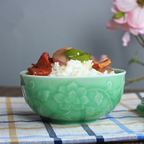 13-Ounce Chinese Peony Engraved Porcelain Rice Bowl - 5-Inch Microwave & Dishwasher Safe Dinnerware (Green) - Perfect for Asian Cuisine, Home Dining & Gift Giving