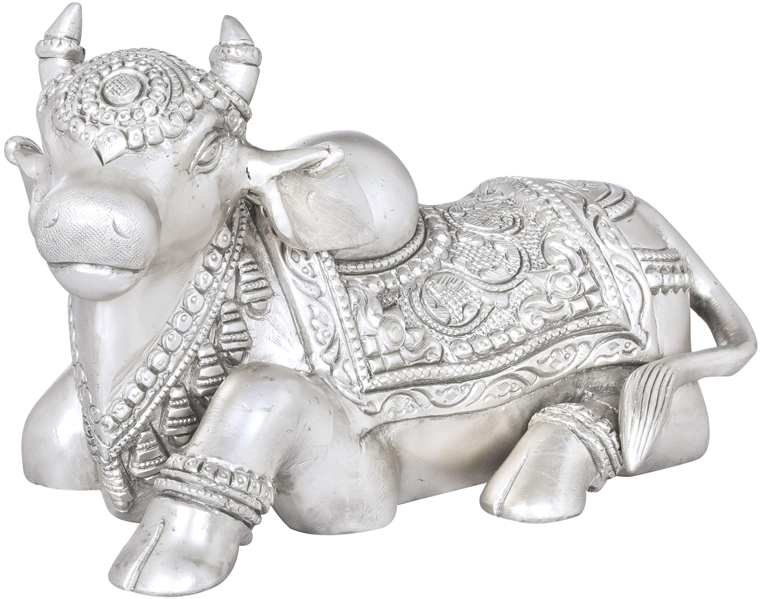 Exotic India Nandi - The Sacred Mount of Lord Shiva - Handcrafted Brass Statue in Alluring Silver Finish | Hindu Deity Home Decor, Yoga Meditation Altar, Spiritual Gift
