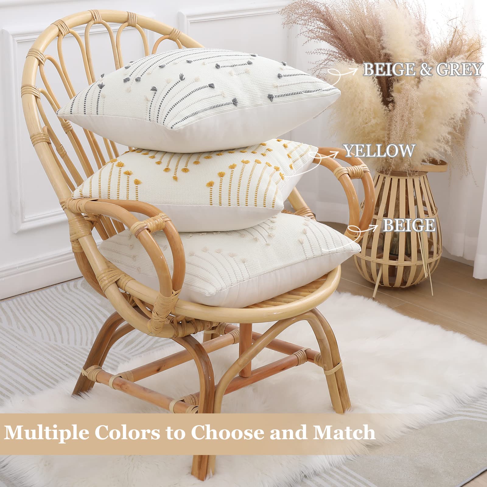 Boho Throw Pillow Covers 18x18 Set of 2 - Farmhouse Decorative Couch & Sofa Pillow Covers for Living Room, Bedroom - Soft Beige & Grey - Perfect for Home Decor, Cozy Reading Nook & Accent Throw Pillows
