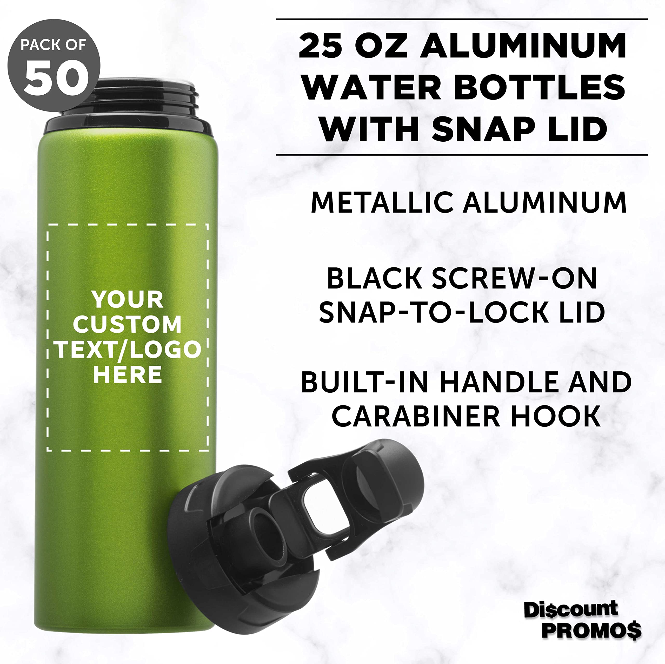 Custom 25oz Aluminum Water Bottles with Snap Lids - Bulk Pack of 50 Personalized Reusable Drinkware - Eco-Friendly Gym, Hiking, Cycling & School Accessories - Ideal for Sports, Outdoor Activities & Corporate Gifts - Green