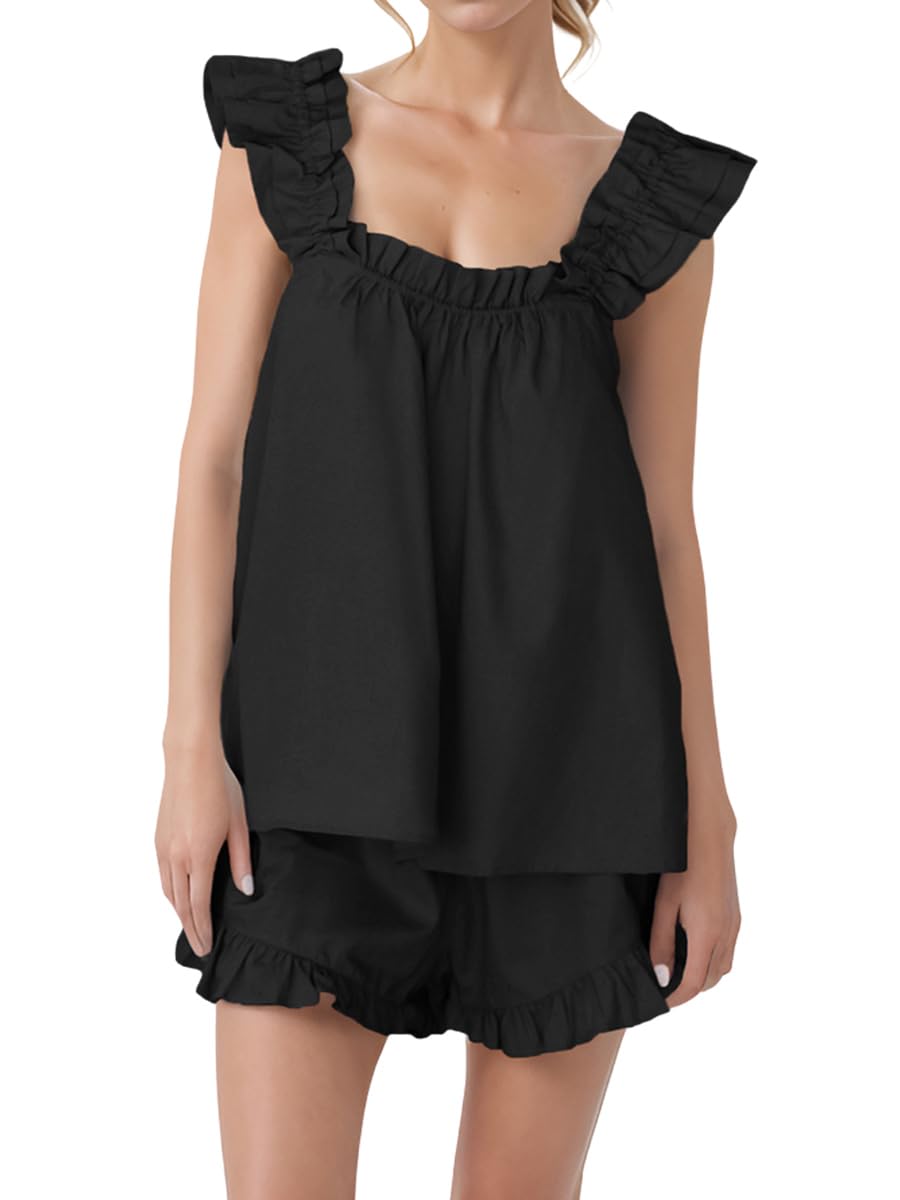 Women's Summer Pajama Sets - 2 Piece Cotton Loungewear with Ruffle Trim Top & Shorts | Soft Sleepwear for Nighttime & Relaxing at Home