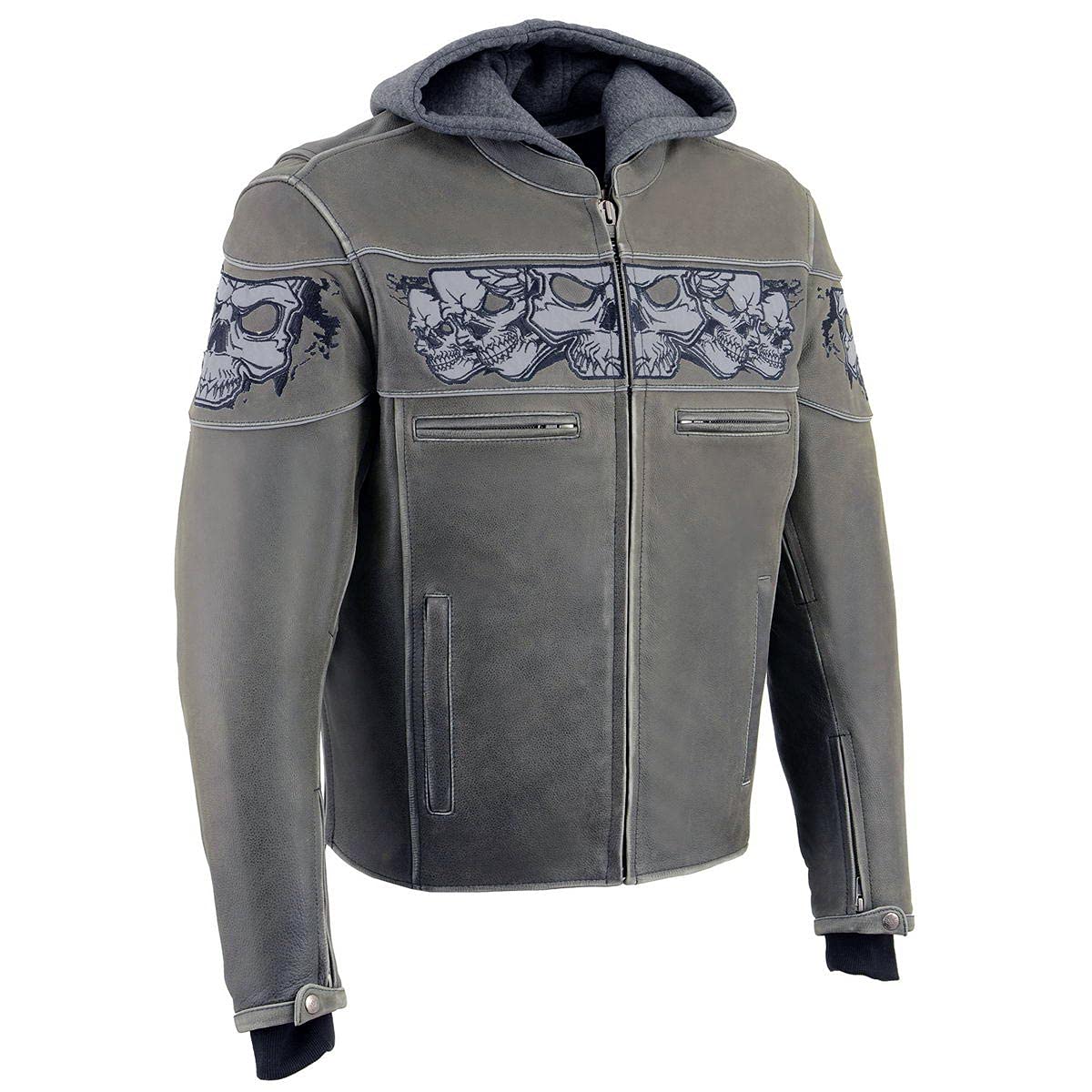 Milwaukee Leather MLM1562 Men's Distressed Grey Biker Jacket with Reflective Skull Design | Motorcycle Riding, Casual Wear & Outdoor Adventure