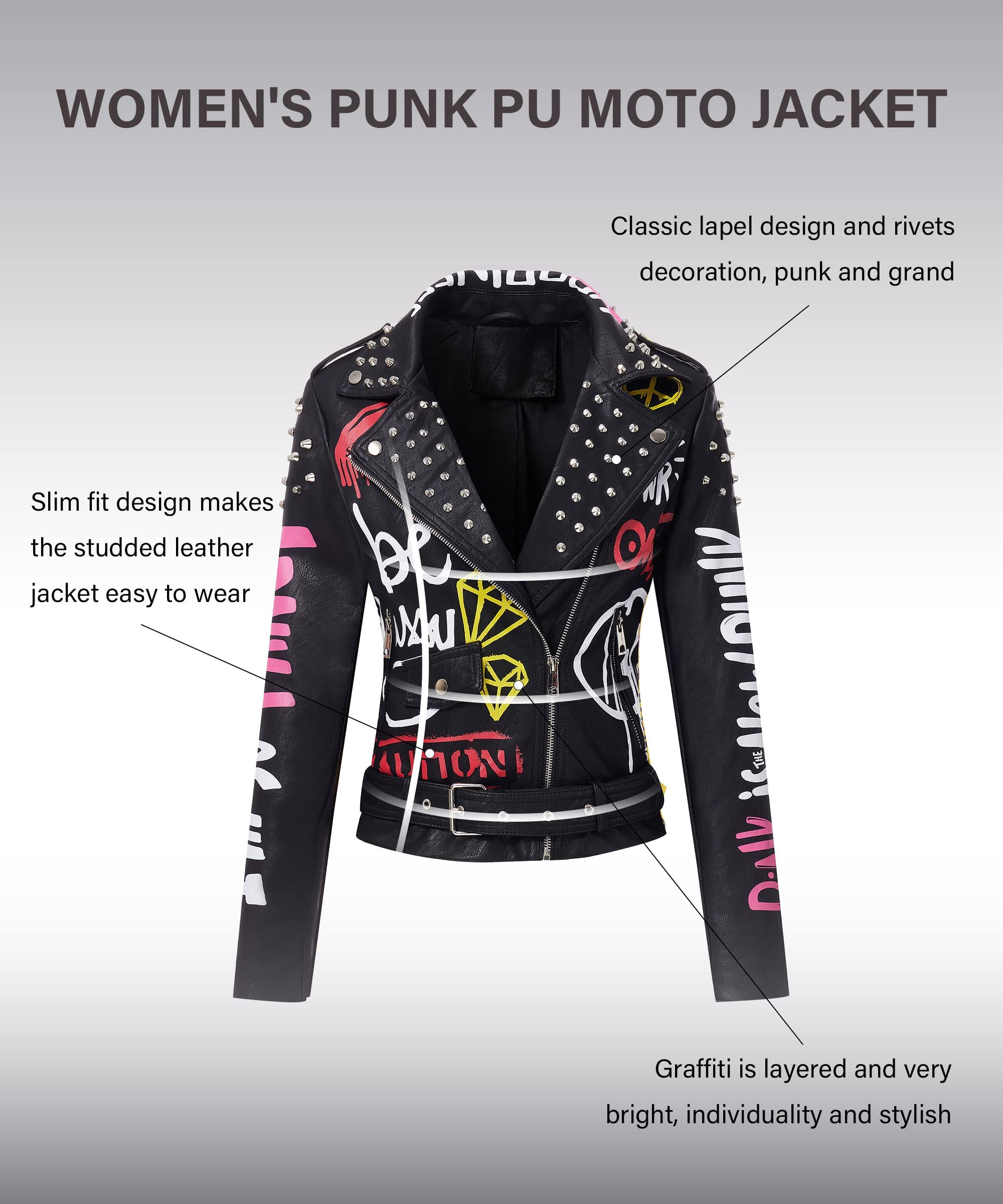 RISISSIDA Women's Faux Leather Jacket with Studs & Rivets - Trendy Moto Biker Jacket for Spring, Fall & Winter - Streetwear Fashion with Belt - Perfect for Casual Outfits, Night Out & Motorcycle Riding