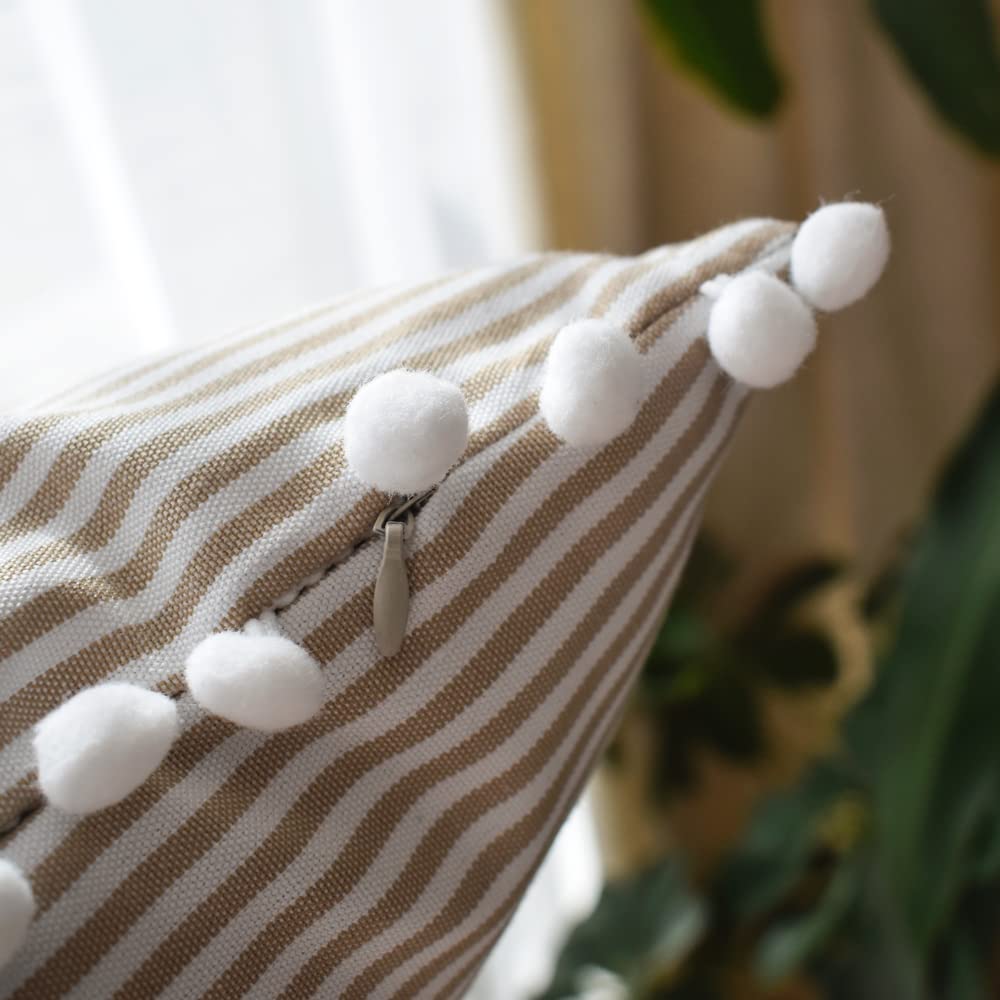HOPLEE 18x18 Inch Farmhouse Stripe Decorative Pillow Covers Set of 2 - Cream Pom Pom Throw Pillow Covers for Couch, Bed, Sofa & Home Decor - Cozy Living Room & Bedroom Accent Pillows