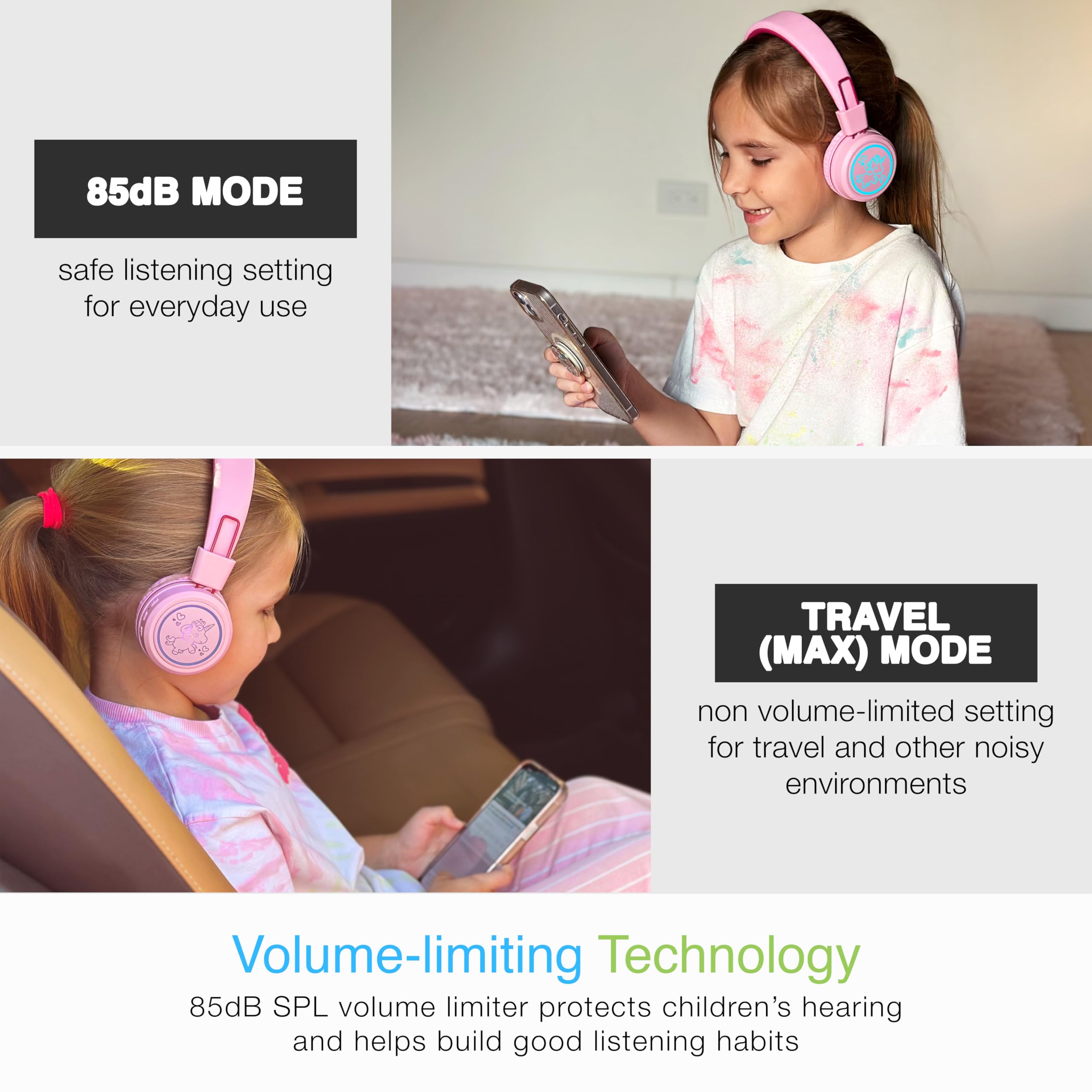 MEE audio KidJamz KJ55BT Bluetooth Wireless Kids Headphones with LED Lights - 85dB Volume Limiter, Built-in Mic & 40H Battery - Safe Listening Headphones for Children - Perfect for School, Online Learning, iPhone, iPad, Tablet & Travel (Pink)