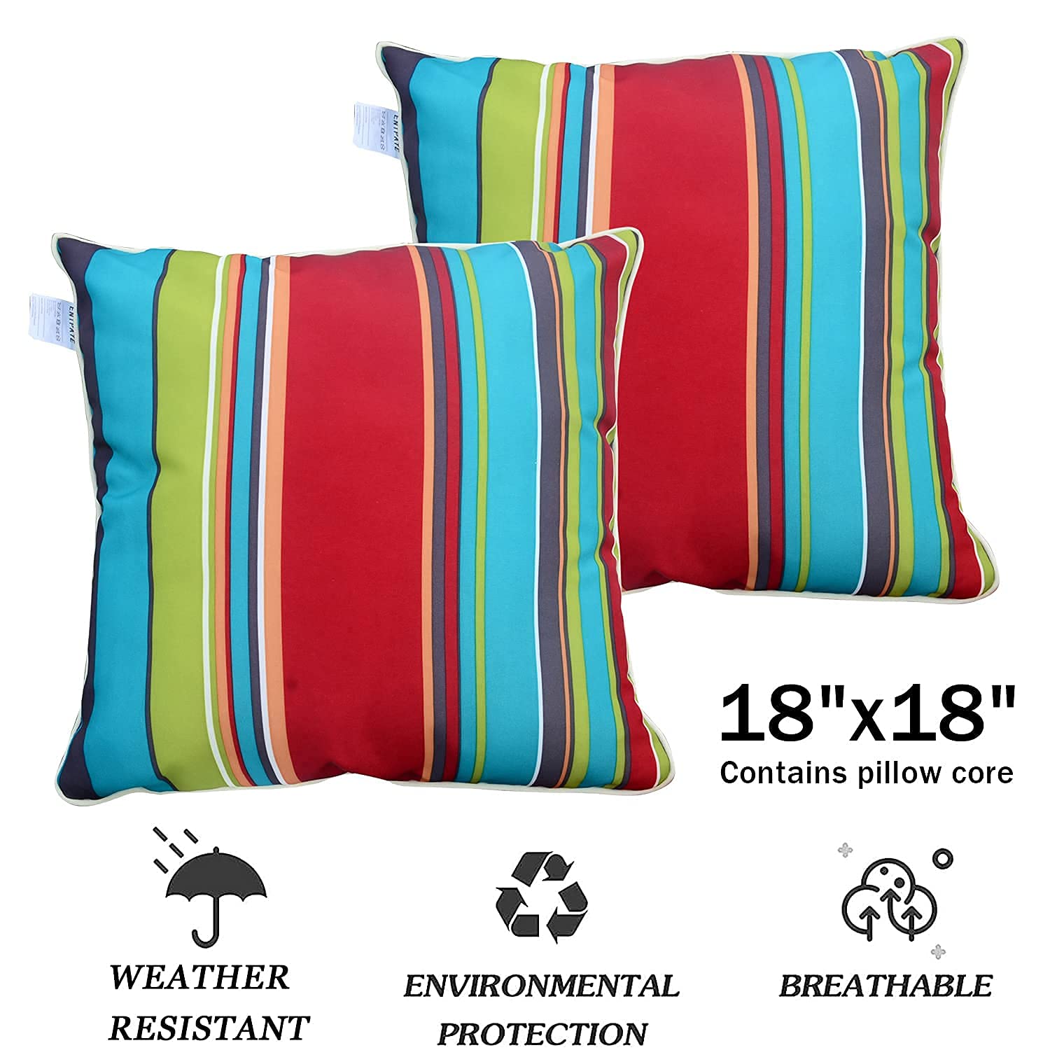 Waterproof Outdoor Throw Pillows Set of 2 - 18x18 Inch Striped Decorative Pillows with Enipate Inserts for Patio Furniture, Garden, Poolside & Porch Decor