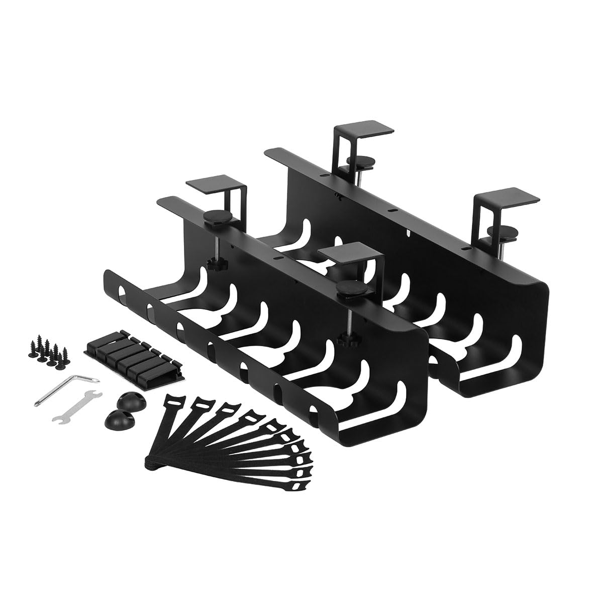 2 Pack Under Desk Cable Management Tray - No Drill & Drill Options, Metal Wire Organizer for Computer & Office (Black) - Keep Wires Tidy Under Home & Office Desks
