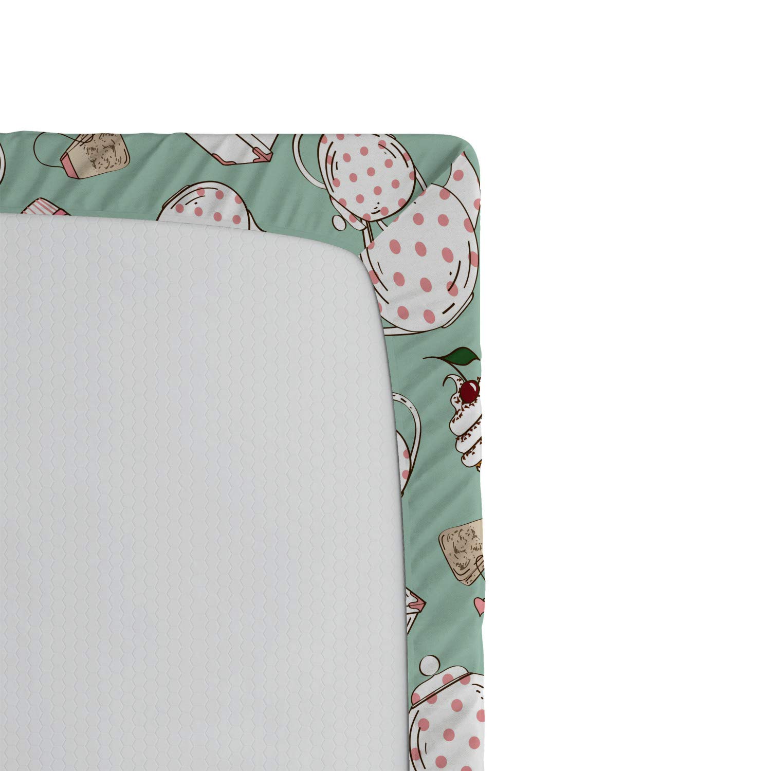 Ambesonne Tea Party Fitted Sheet - Polka Dot Teapot & Cupcake Design with Cherry & Teabag - Full Size Deep Pocket Elastic Bed Cover - Almond Green Coral - Perfect for Themed Bedrooms, Guest Rooms & Tea Lover Decor