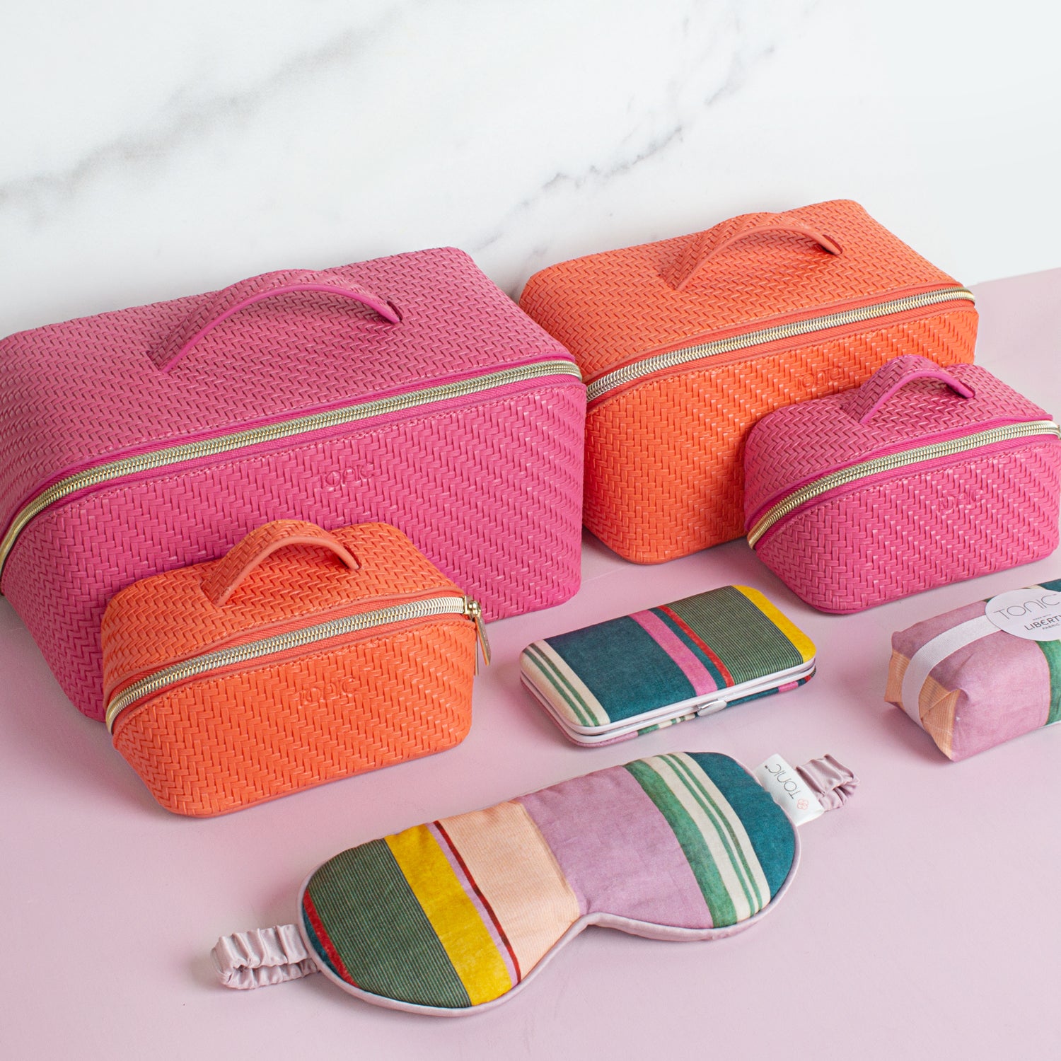 Medium Herringbone Tangerine Beauty Bag - Travel Cosmetic Organizer for Women, Perfect for Makeup Storage & On-the-Go Essentials