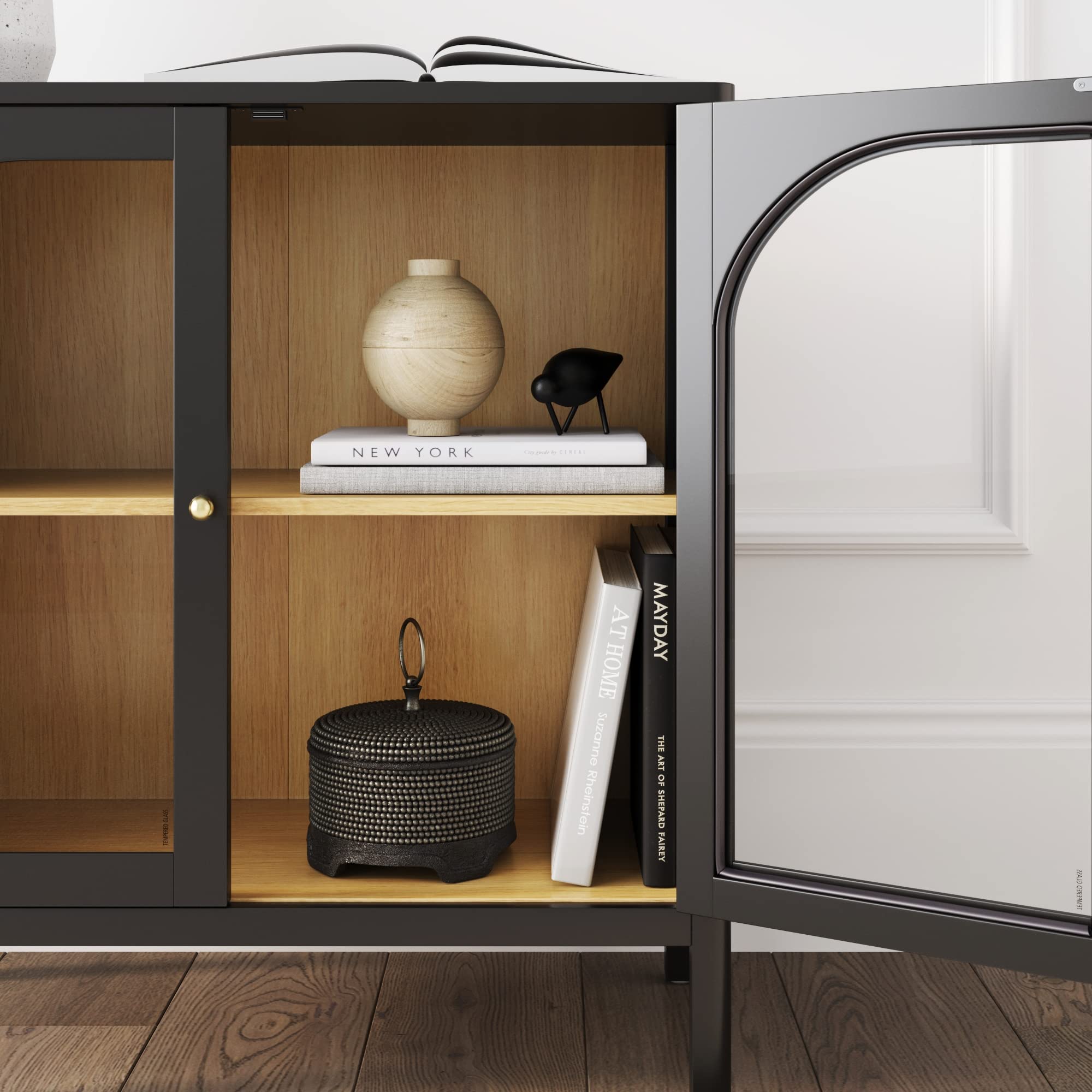 Nathan James Mason Modern Storage Cabinet - Black Oak Wood Buffet Sideboard with Glass Doors & Adjustable Shelf - Free Standing Accent Credenza for Dining Room, Entryway, Living Room - Perfect for Home Organization & Stylish Storage Solutions