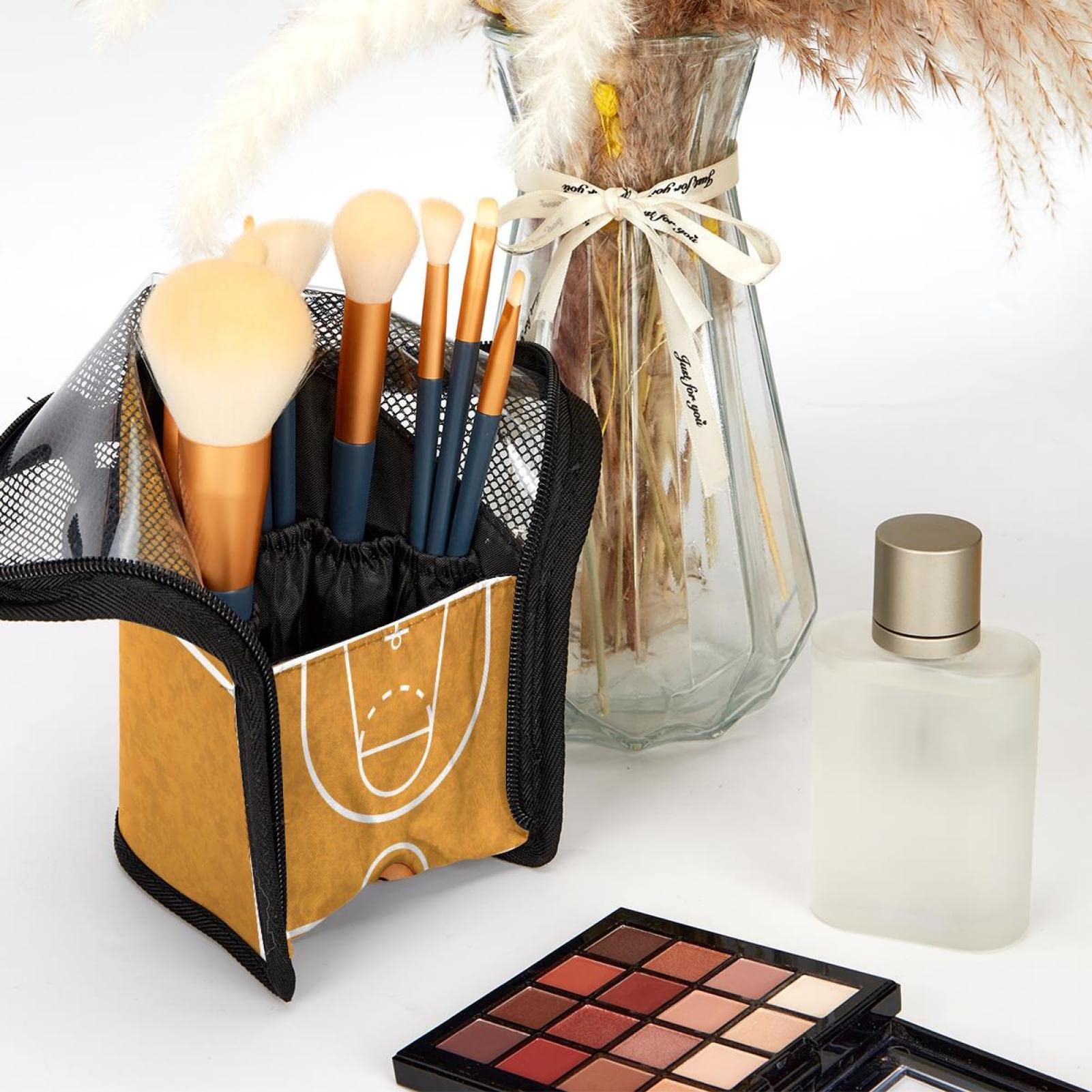 12-Piece Makeup Brush Organizer Bag - Portable Brown Basketball Design Brush Holder Case for Travel & Home Storage