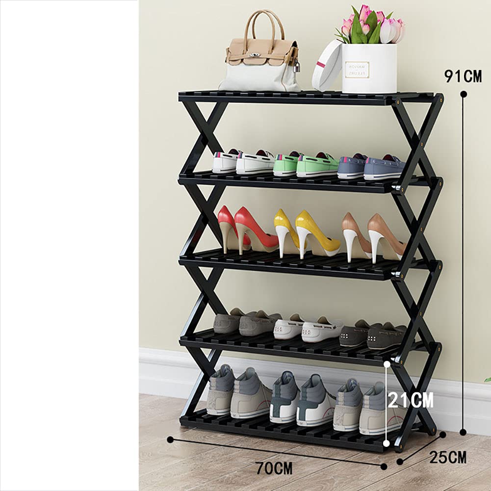 Foldable Bamboo Shoe Rack - Black Space Saving Shoe Organizer for Entryway, No Installation Required (70x25x91cm/28x10x36in) - Perfect for Small Apartments, Closets & Mudroom Storage