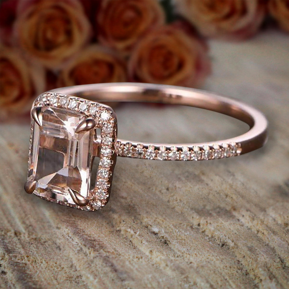 1.50 Carat Peach Pink Morganite Emerald Cut Diamond Moissanite Halo Engagement Ring 10k Rose Gold - Elegant Wedding, Proposal & Anniversary Jewelry Gift for Her