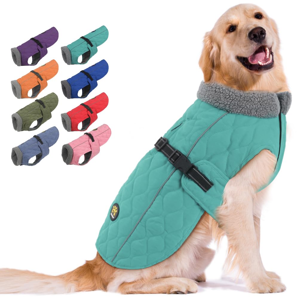 Warm Fleece Dog Winter Coat - Adjustable Dog Jacket with Nylon Buckle & Reflective Strips for Small, Medium & Large Dogs | Dark Turquoise | Perfect for Cold Weather Walks, Outdoor Adventures & Nighttime Safety