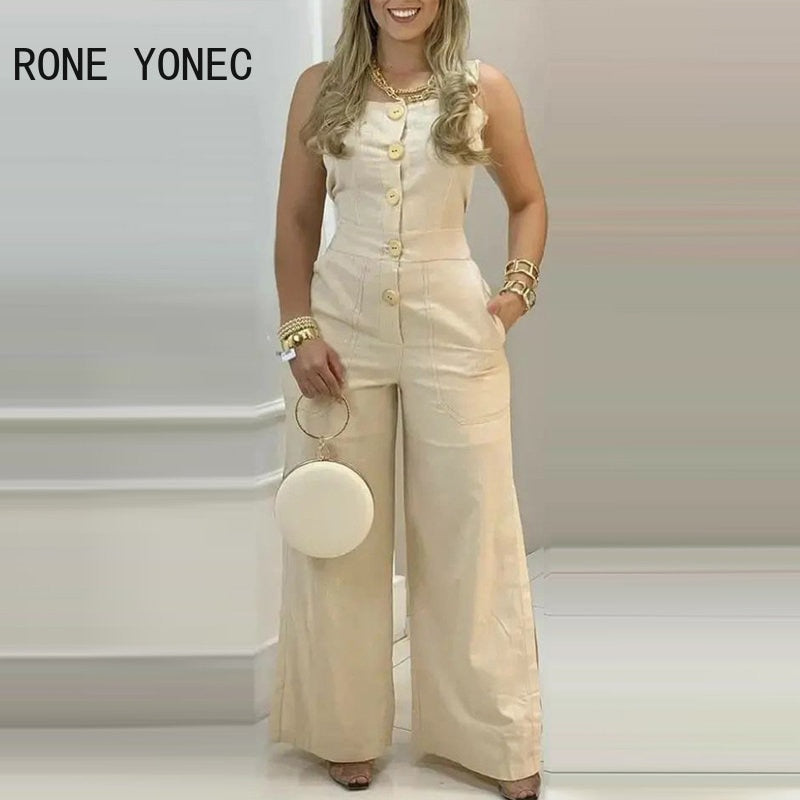 2024 Women's Elegant Sexy Solid Color Thick Straps Button Pocket Sleeveless Straight Slit Casual Jumpsuit - Perfect for Summer Outings, Date Nights & Beach Vacations