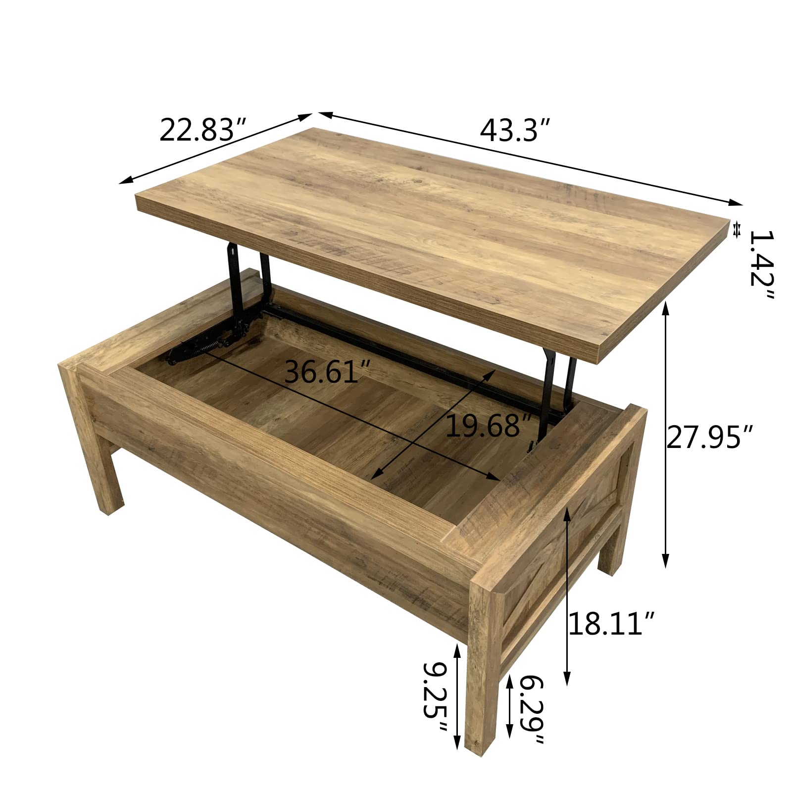 Mikibama 43.3 Inch Lift Top Coffee Table with Storage - Rustic Oak Finish, Metal Lift Mechanism & Hidden Compartment - Perfect for Living Room, Home Office, or Small Space Organization