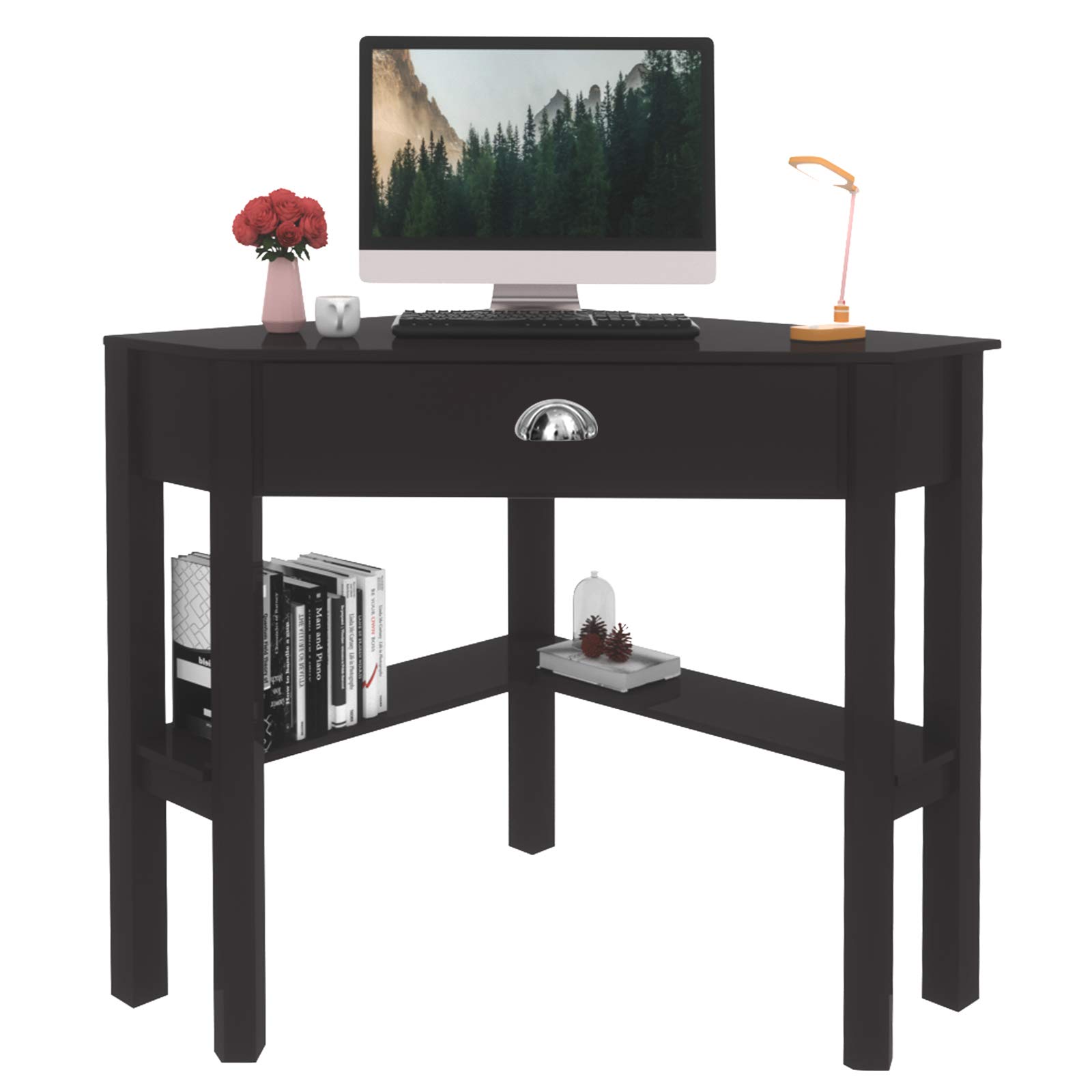 Corner Triangle Computer Desk with Drawer - Compact Home Office Writing Desk with Storage Shelves, Black Laptop PC Table for Small Spaces | Perfect for Home Office, Study & Workstation Setup