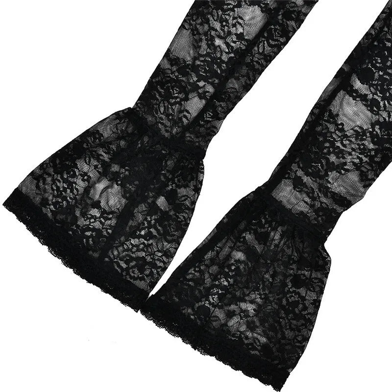 Sexy Black Lace Puffball Mini Dress for Women - Long Flare Sleeve Sheer Club Party Dress with Lace Up & High Waist | Perfect for Night Out, Date Night, and Special Occasions