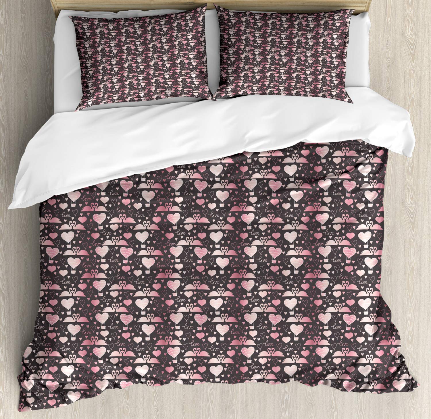 Ambesonne Valentine's Day Duvet Cover Set - Romantic Lovebirds & Aquatic Swans Design, 3-Piece Queen Size Bedding Set with 2 Pillow Shams in Taupe Grey & Pink | Perfect for Couples' Bedrooms, Anniversary Gifts & Romantic Home Decor