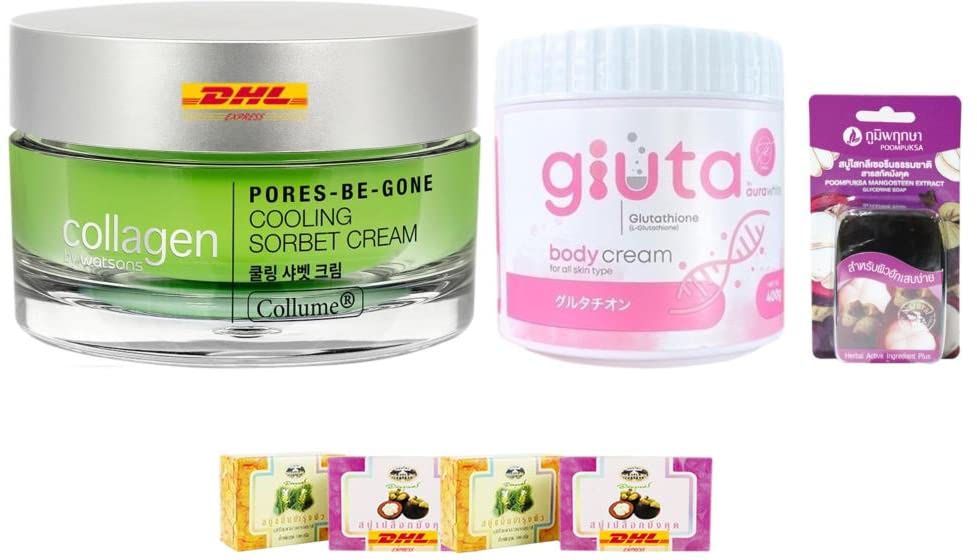 Watsons Collagen Pores-Be-Gone Cooling Sorbet Gluta Premium Body Cream 400ml - Hydrating & Brightening Skin Care for Face & Body | Free Tomato Facial Mask Included | Fast DHL Express Shipping by Thaigiftshop | Perfect for Daily Moisturizing & Nighttime Skin Repair