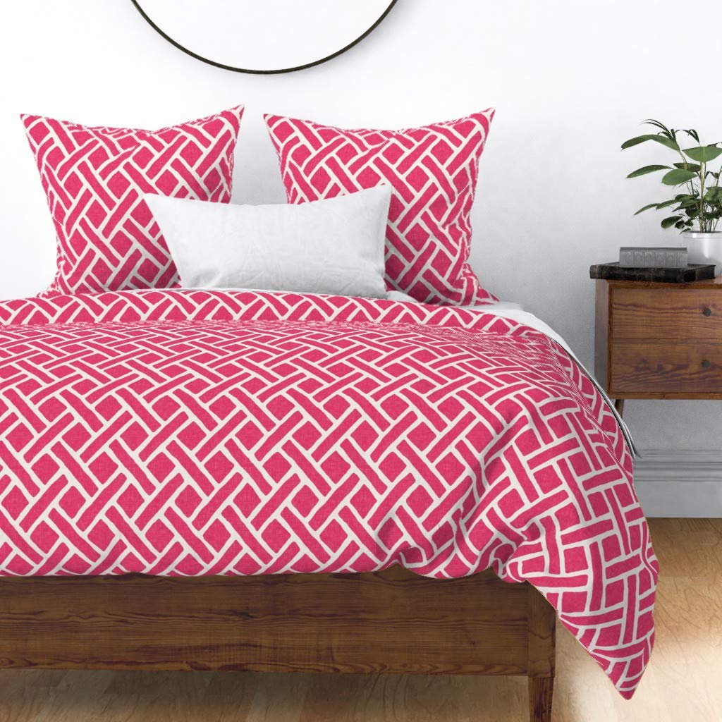 Premium Cotton Sateen Duvet Cover Set - Twin Size Pink Lattice Floral Print Bedding for Girls & Teens | Soft Breathable Luxury Bed Sheets for Home, Dorm, Hotel Decor