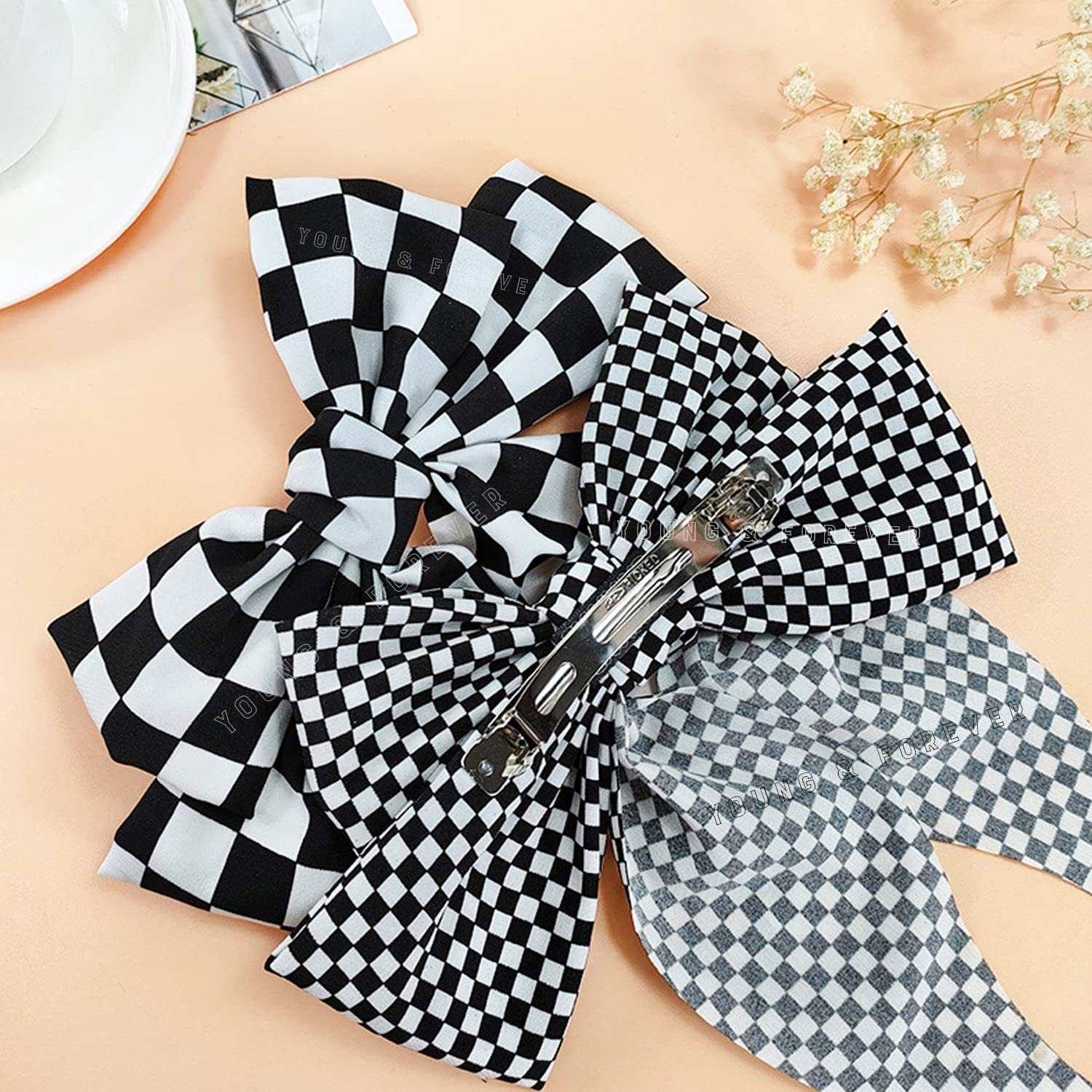 Young & Forever Large Checkered Monochrome Bow Hair Clips for Women - Black and White Hair Barrettes, Hair Accessories & Jewelry for Girls & Women | Perfect for School, Parties, Weddings & Everyday Styling