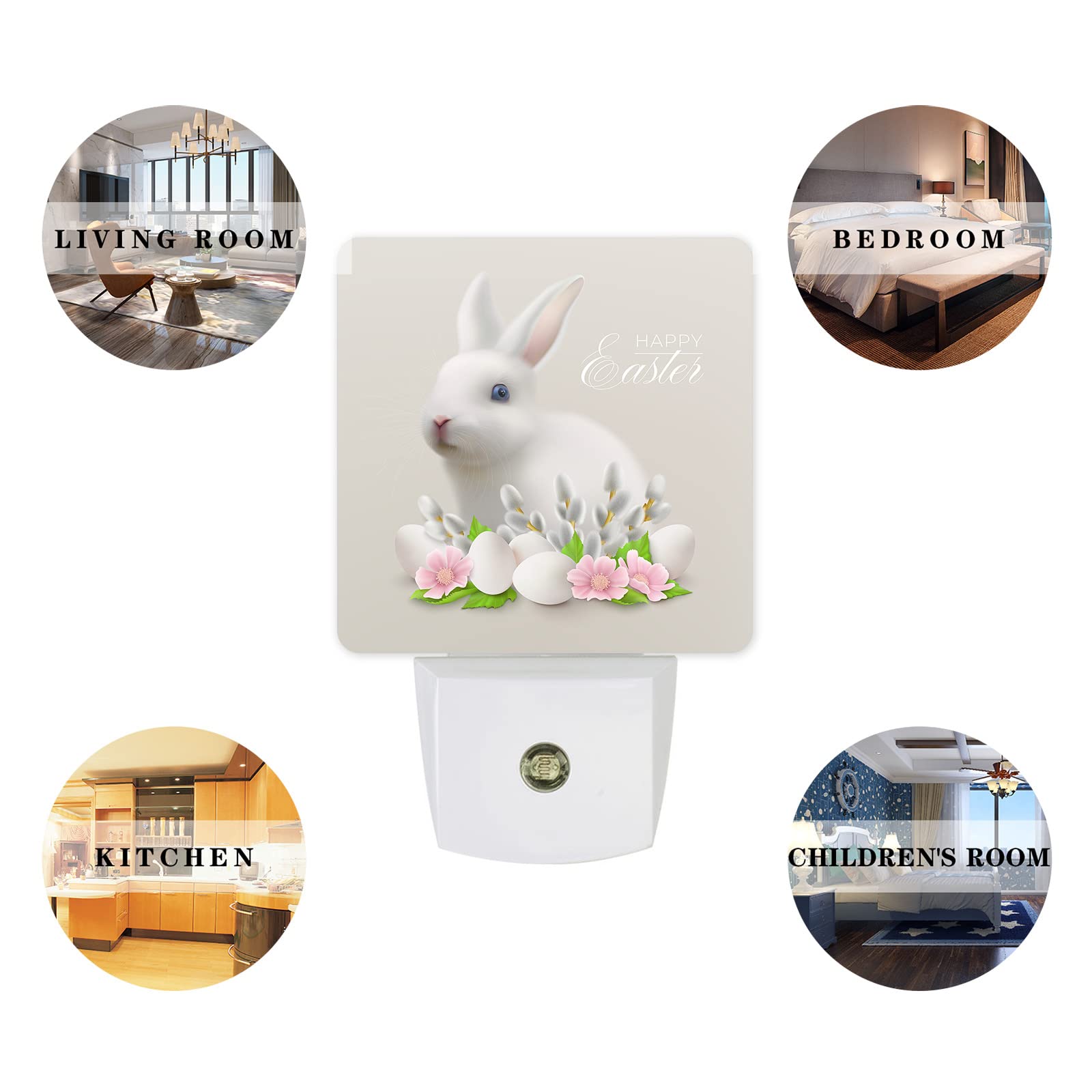 Easter Rabbit LED Night Light with Auto Sensor - Pink Floral for Kids Bedroom Decor