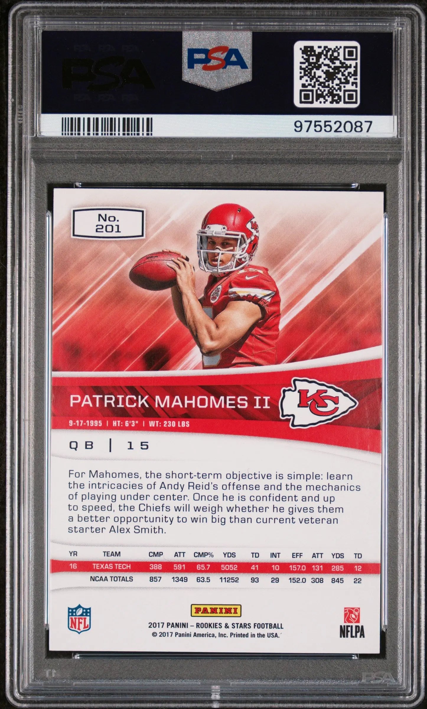 2017 Panini Rookies & Stars Patrick Mahomes II Rookie Card PSA 10 Gem Mint #201 - Perfect for NFL Collectors, Sports Memorabilia & Investment