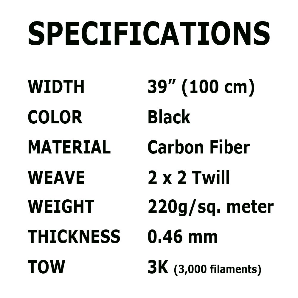 5 Ft Carbon Fiber Fabric - 3K Twill Weave 220g/m² (1 Meter) for DIY Projects, Automotive Repair & Aerospace Applications