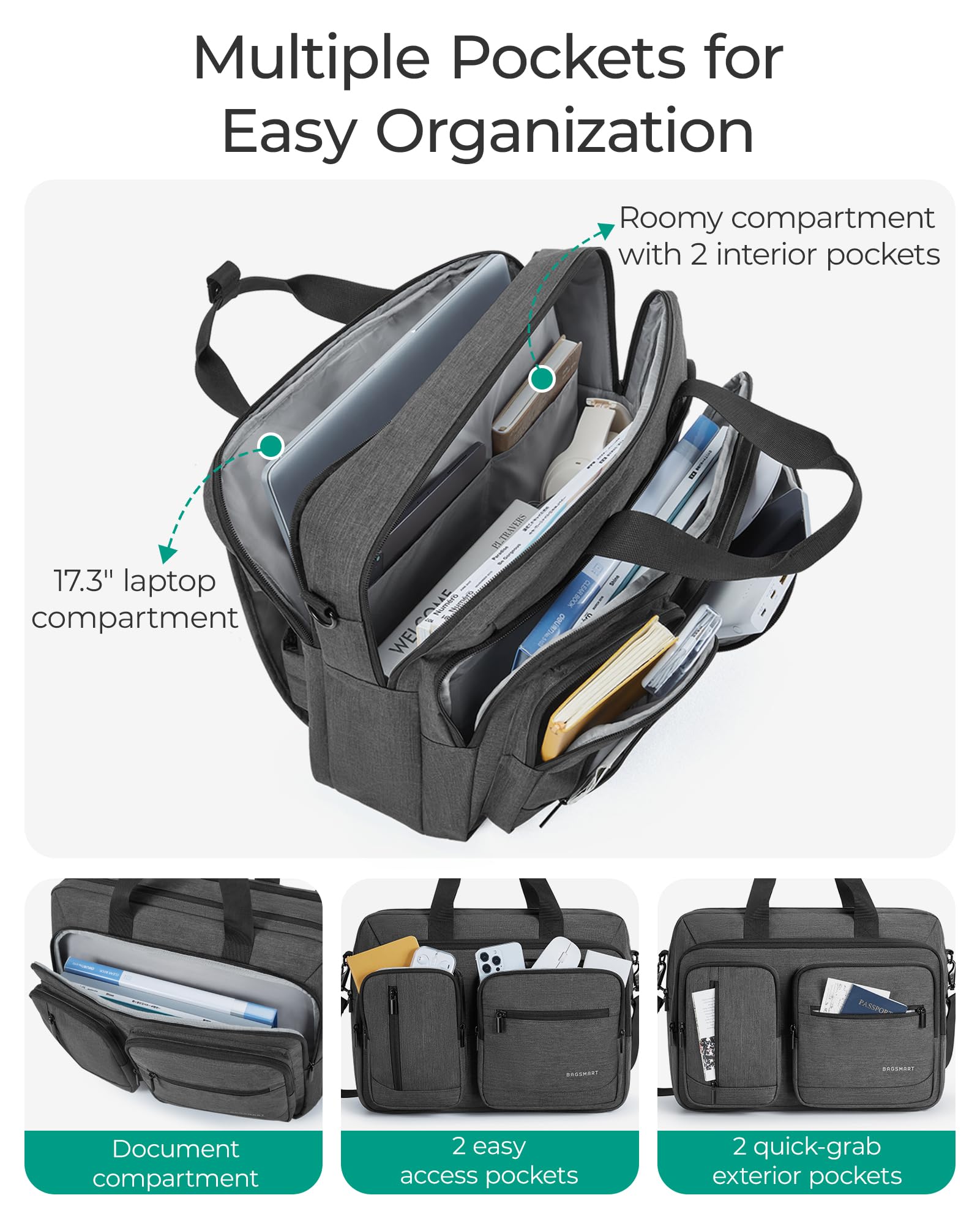 BAGSMART 3-in-1 Water-Repellent Laptop Bag for Men - 17.3 Inch Business Briefcase, Office & Travel Shoulder Bag, Black - Ideal for Work, Commute, and Daily Use