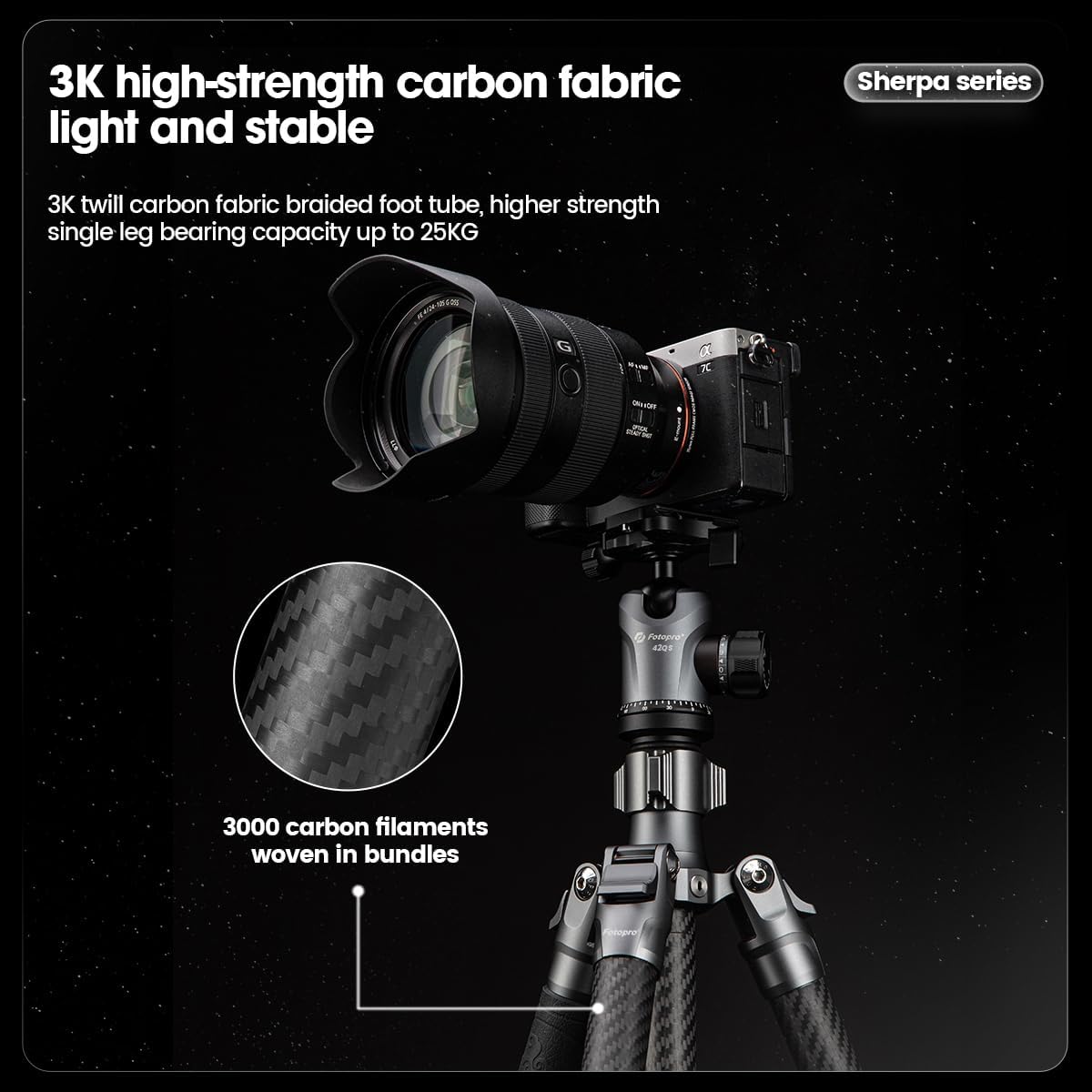 Fotopro Sherpa Plus 64 Inch Carbon Fiber Tripod with Ball Head - Lightweight Travel Tripod for DSLR Cameras & Camcorders, 22lb Load Capacity - Perfect for Photography, Videography & Outdoor Adventures