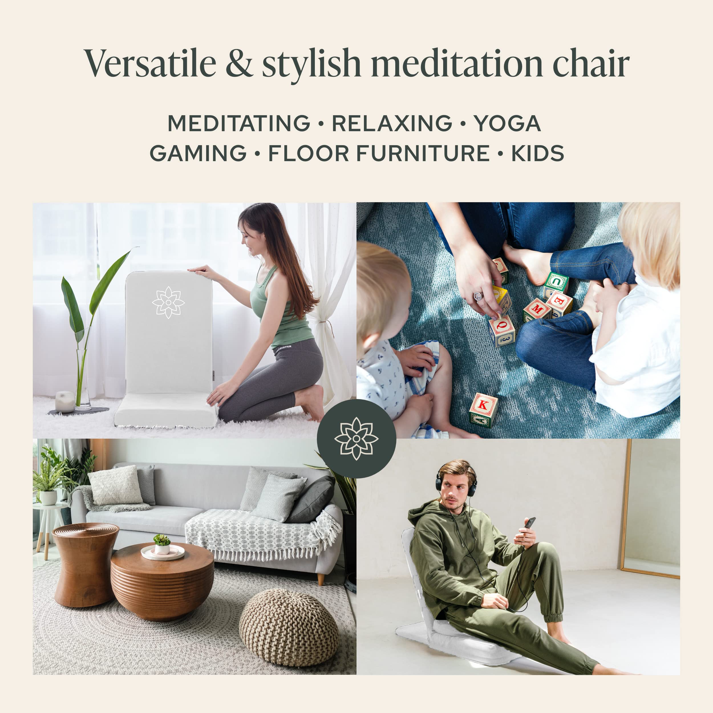 Mindful Modern Folding Meditation Chair with Back Support - Adjustable Floor Seat for Yoga & Zen Practice - Includes Half Moon Buckwheat Cushion - Perfect for Living Room, Bedroom & Meditation Spaces