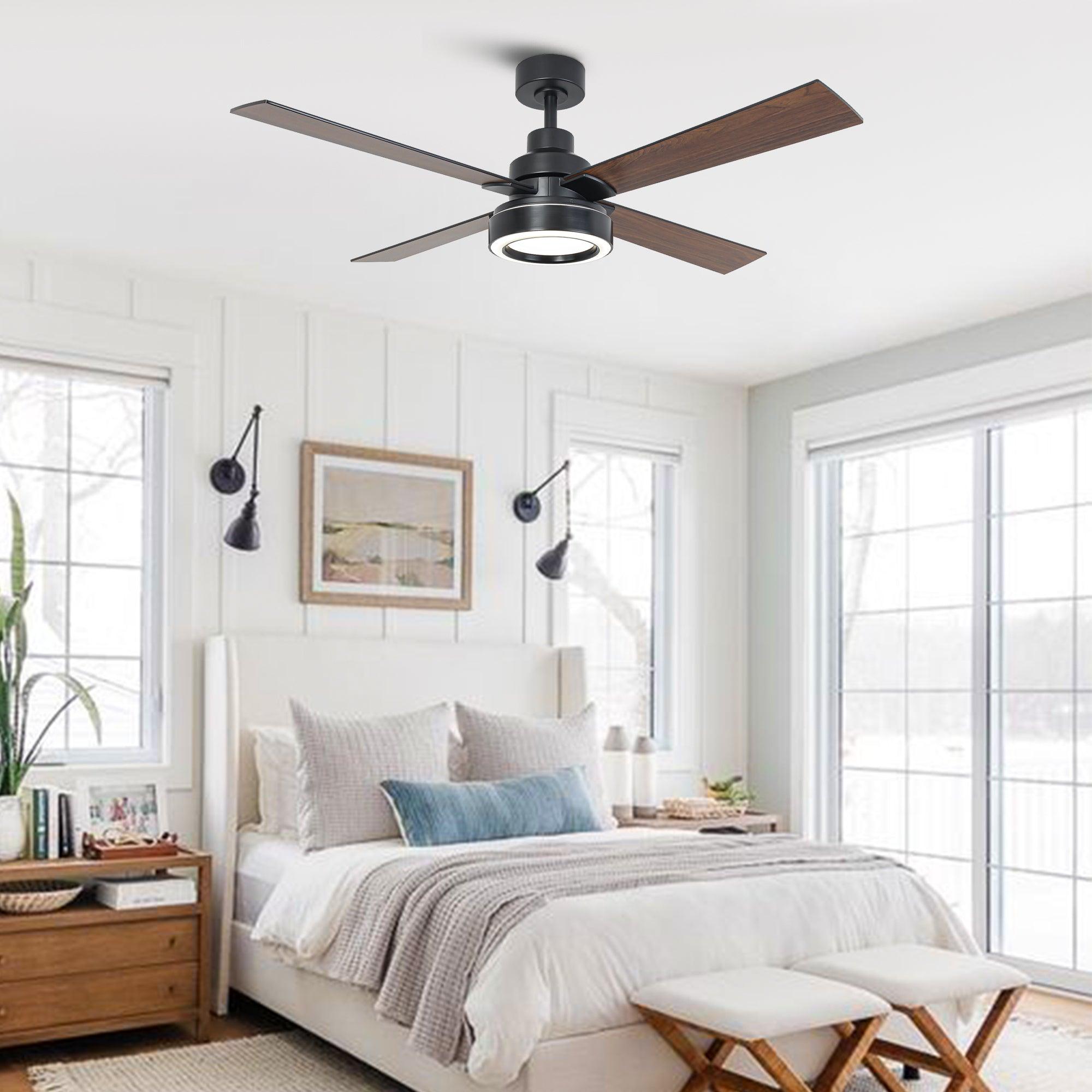 52 Inch Modern Ceiling Fan with LED Light & Remote Control - 4 Blades, DC Motor, Downrod Mount - Perfect for Living Room, Bedroom, and Office Spaces
