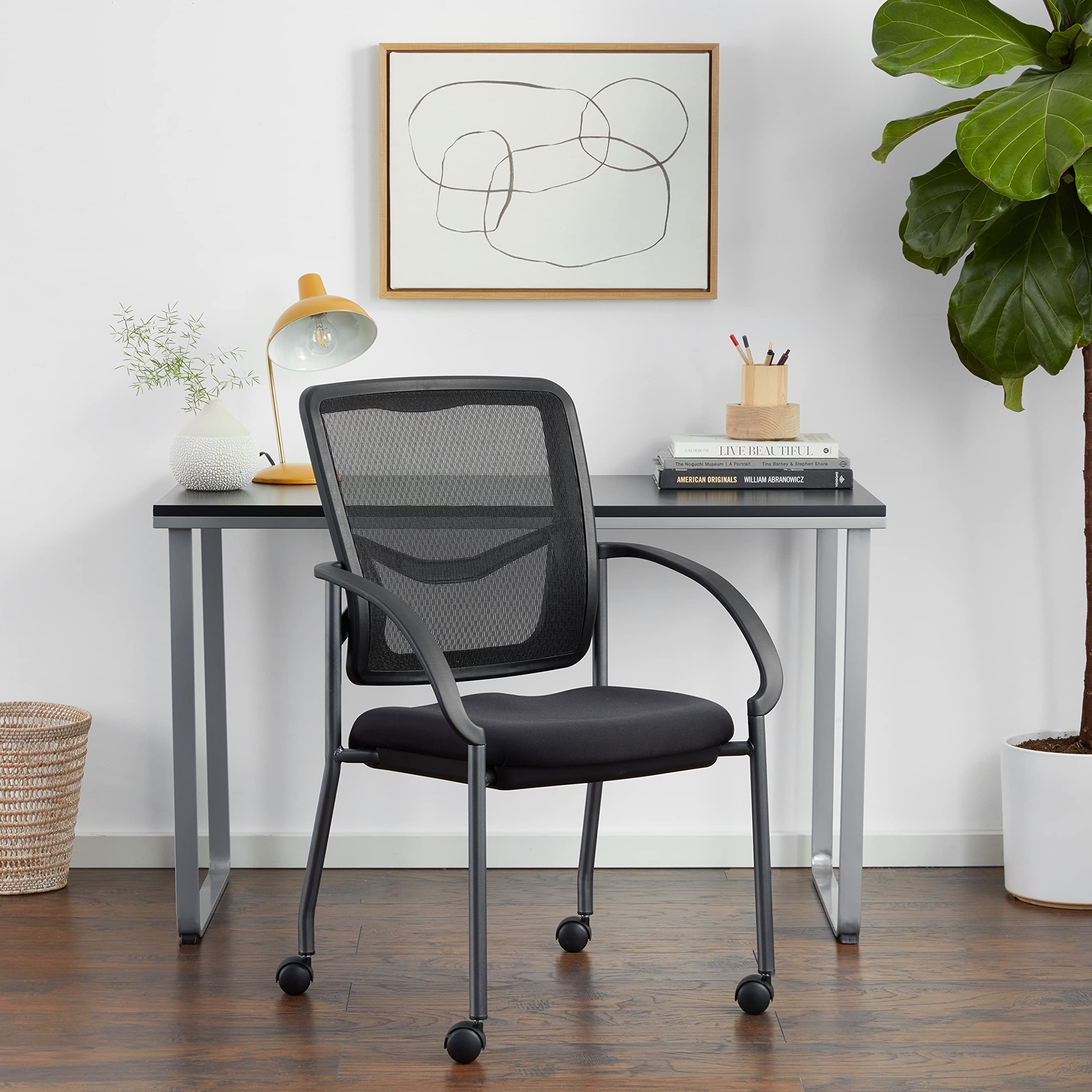 Office Star ProGrid Deluxe Stackable Visitor Chair - Breathable Mesh Back & Padded Lumbar Support - Rolling Casters - Coal FreeFlex - Perfect for Reception Areas, Conference Rooms & Waiting Rooms