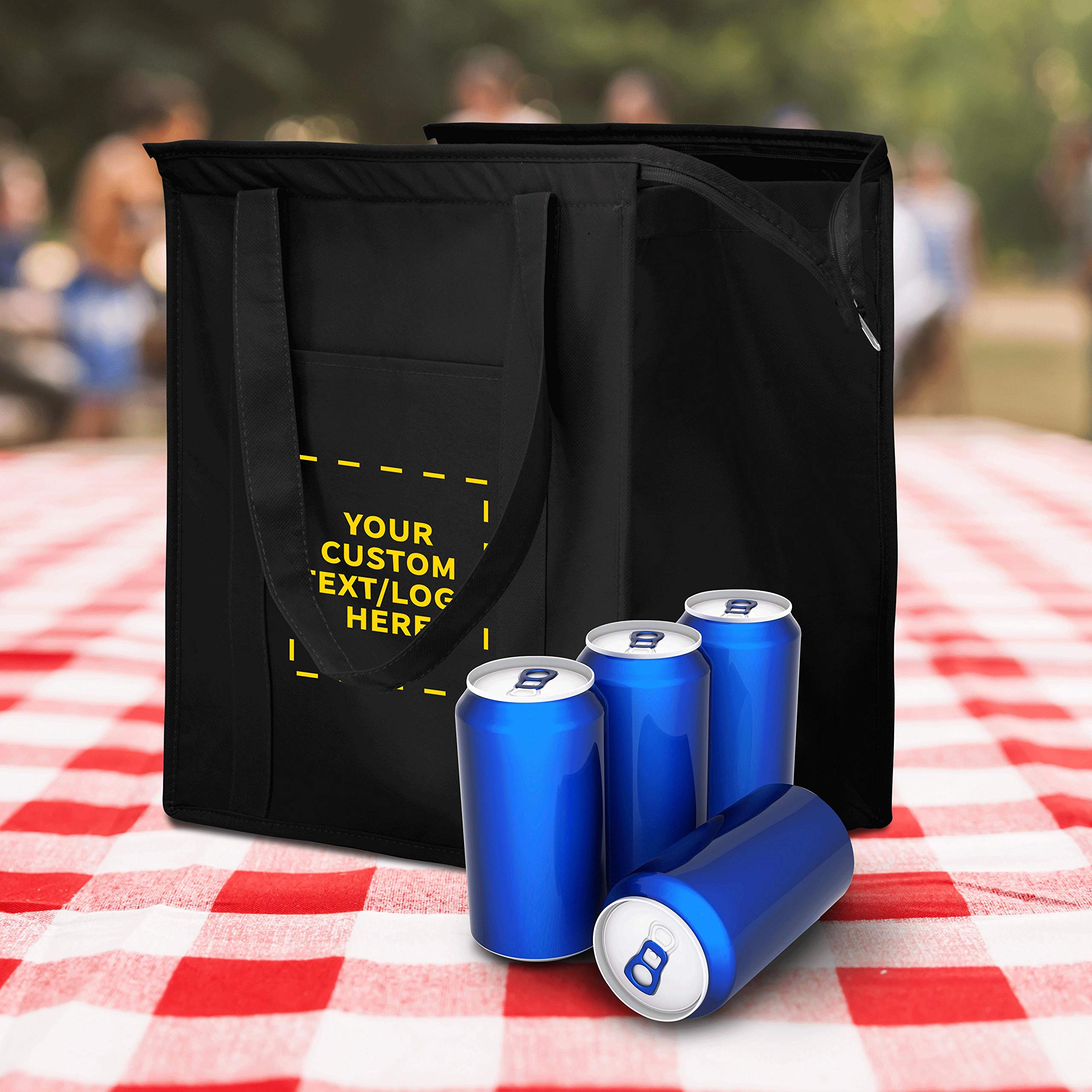 Custom Non-Woven Insulated Tote Bags Bulk Pack - 10 Reusable Personalized Grocery Bags for Picnic, Camping, Beach & Outdoor Activities - Eco-Friendly Shopping & Lunch Bags - Black