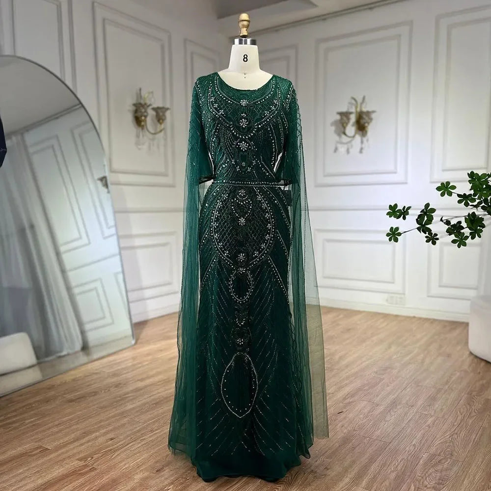 Elegant Dubai Arabic Green Mermaid Evening Dress with Beaded Cape Sleeves - Women's Luxury Party Gown for Special Occasions, Weddings & Red Carpet Events LA72562