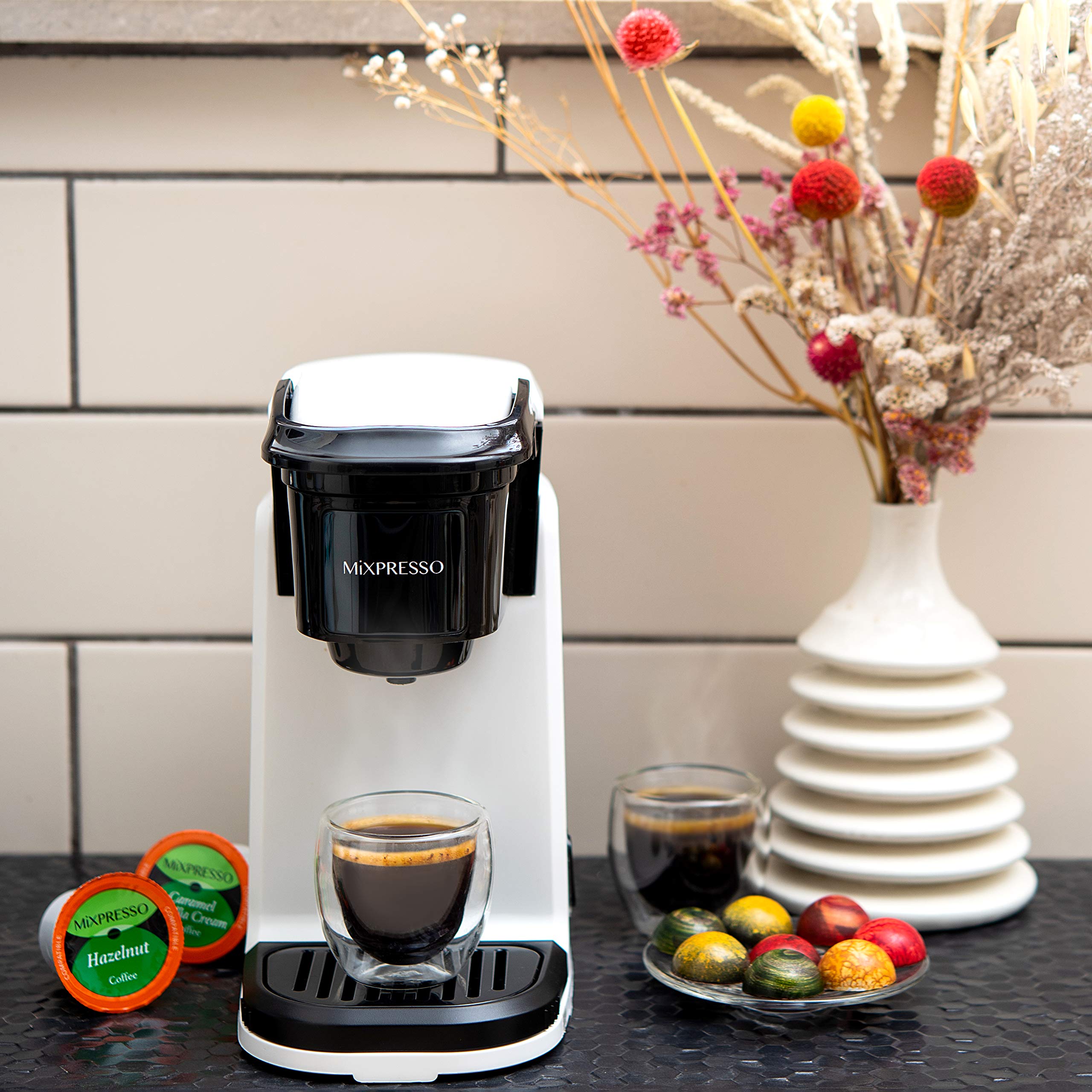 Mixpresso Single Serve Coffee Maker - 12oz Personal Coffee Brewer with Quick Brew Technology & One-Touch Function, Compatible with Single-Cup Pods - Perfect for Home, Office, or Travel Use