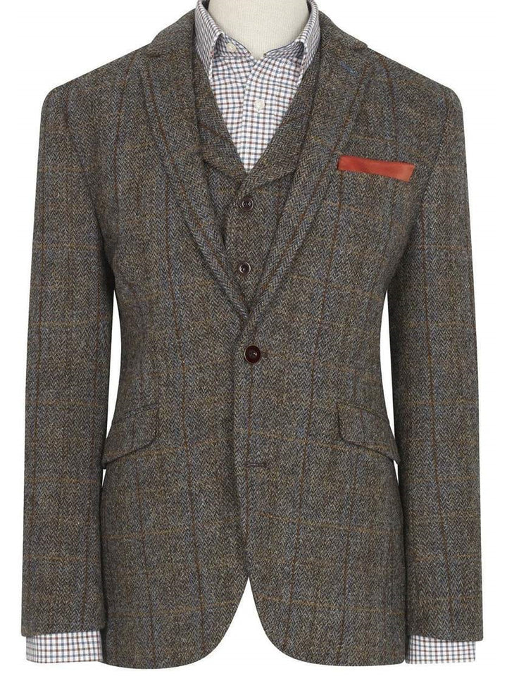 Harris Tweed Sumburgh Sports Jacket - Mid Brown Herringbone with Blue & Tan Overcheck | Classic Men's Blazer for Business, Casual & Outdoor Events