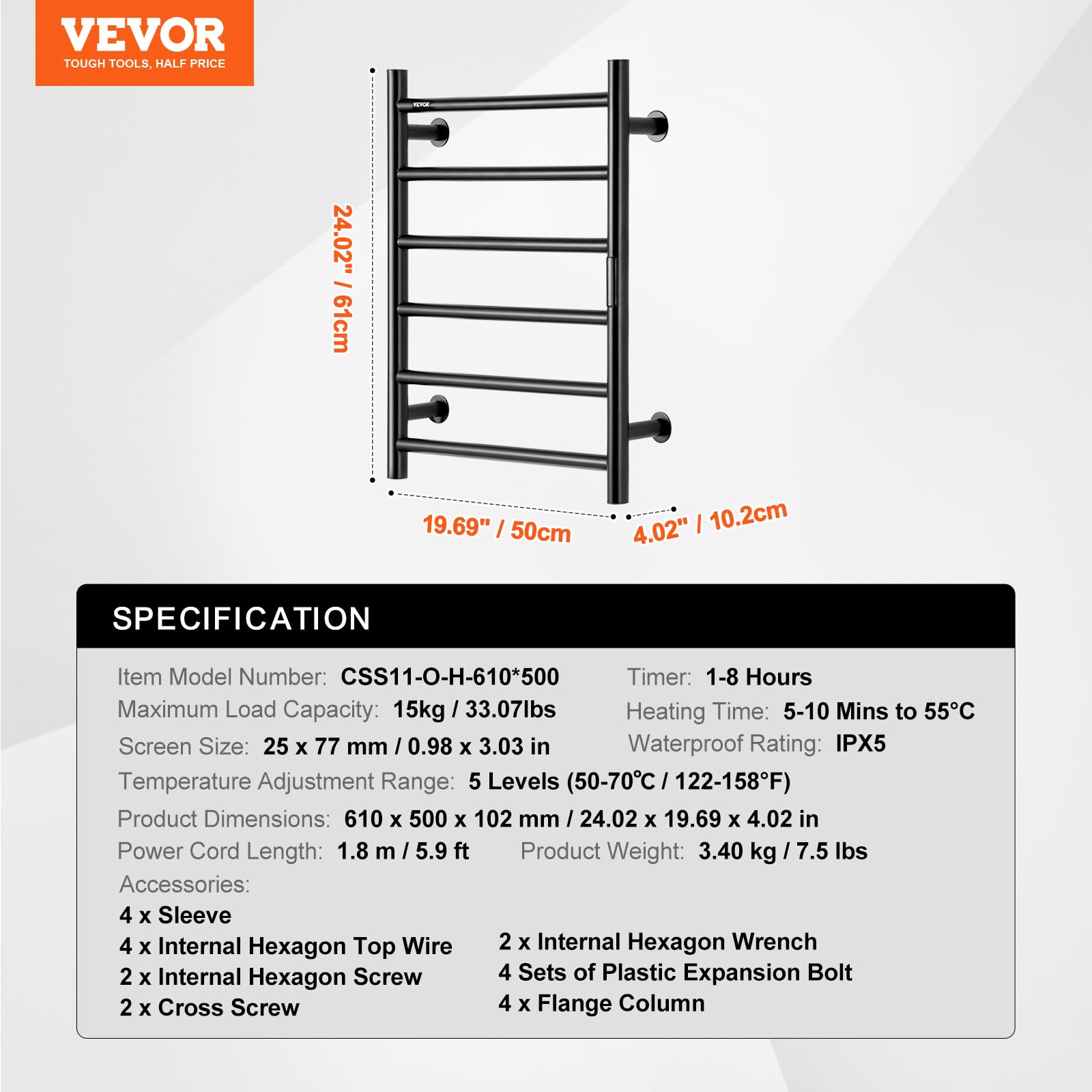 VEVOR 6-Bar Heated Towel Rack - Wall Mounted Bathroom Towel Warmer with Timer, LED Display & 5 Temperature Settings - IPX5 Waterproof Black Towel Heater for Spa, Luxury Hotels & Home Bathrooms