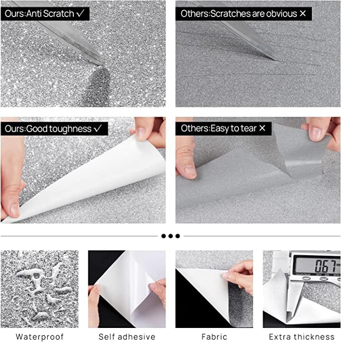 FunStick Self-Adhesive Silver Glitter Cardstock Paper - 15.8x78.8 Inch Roll for DIY Crafts, Scrapbooking, Birthday Party Decorations & Wedding Invitations - Perfect for Card Making, Gift Wrapping, and Home Decor Projects