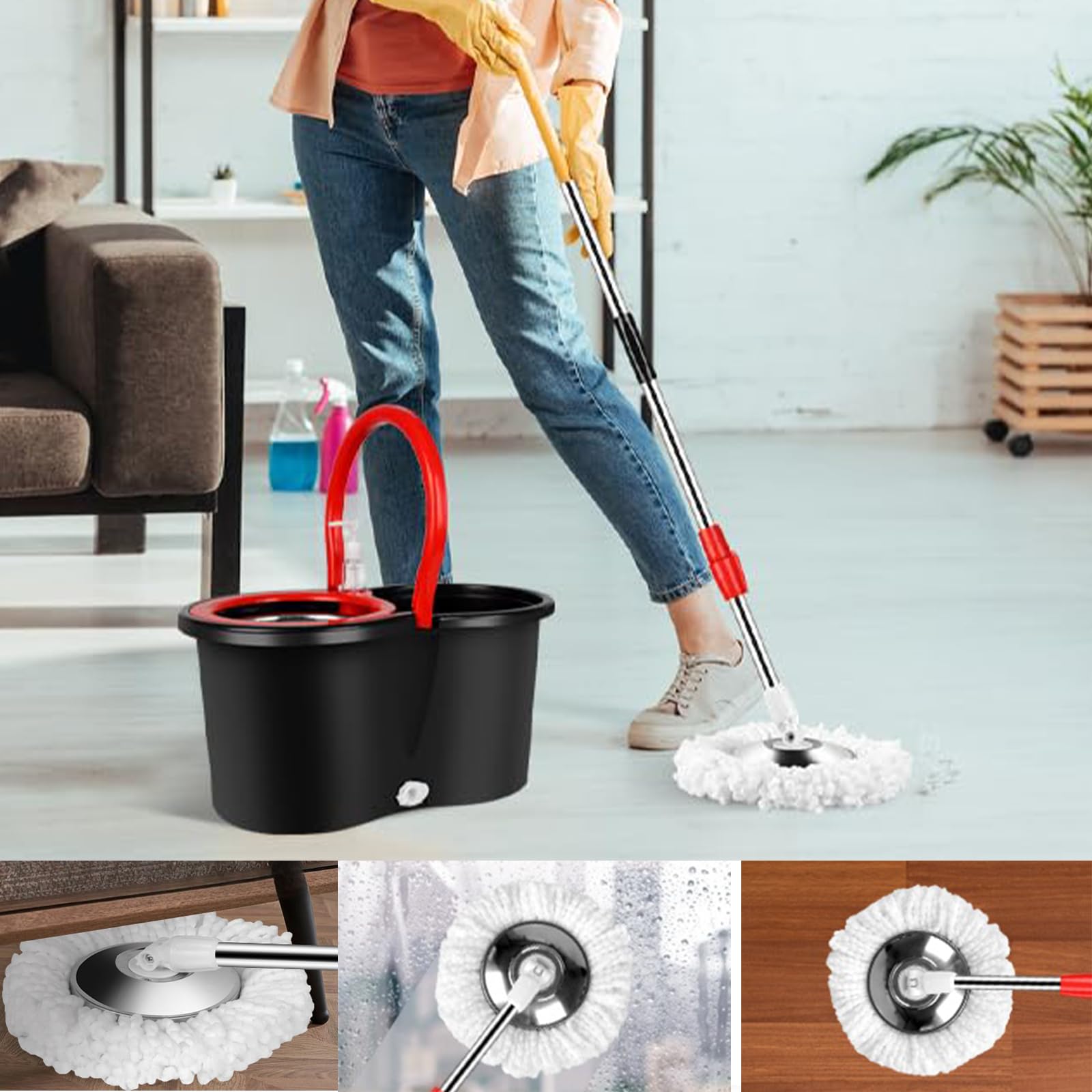 360° Spin Mop and Bucket Set with Wringer - 3 Microfiber Mop Refill Heads & 61