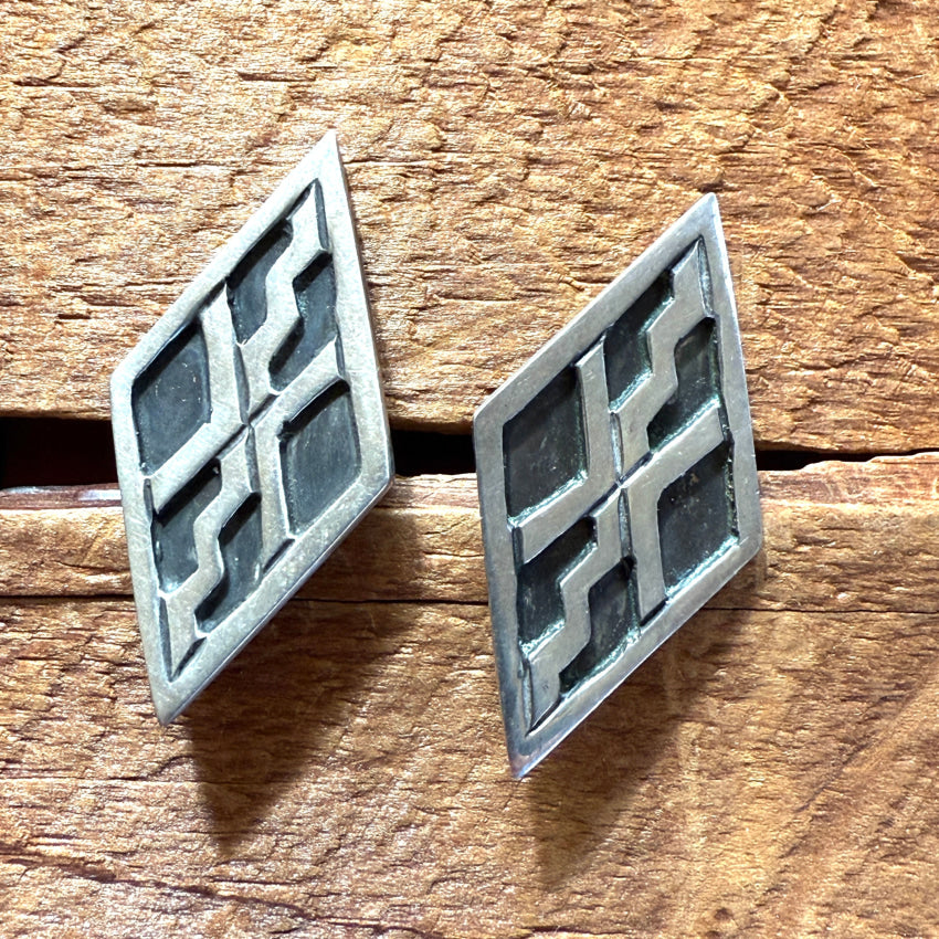 Vintage Diamond Shaped Sterling Silver Pierced Post Earrings - Handmade Mexican Jewelry for Women - Perfect for Weddings, Parties & Special Occasions