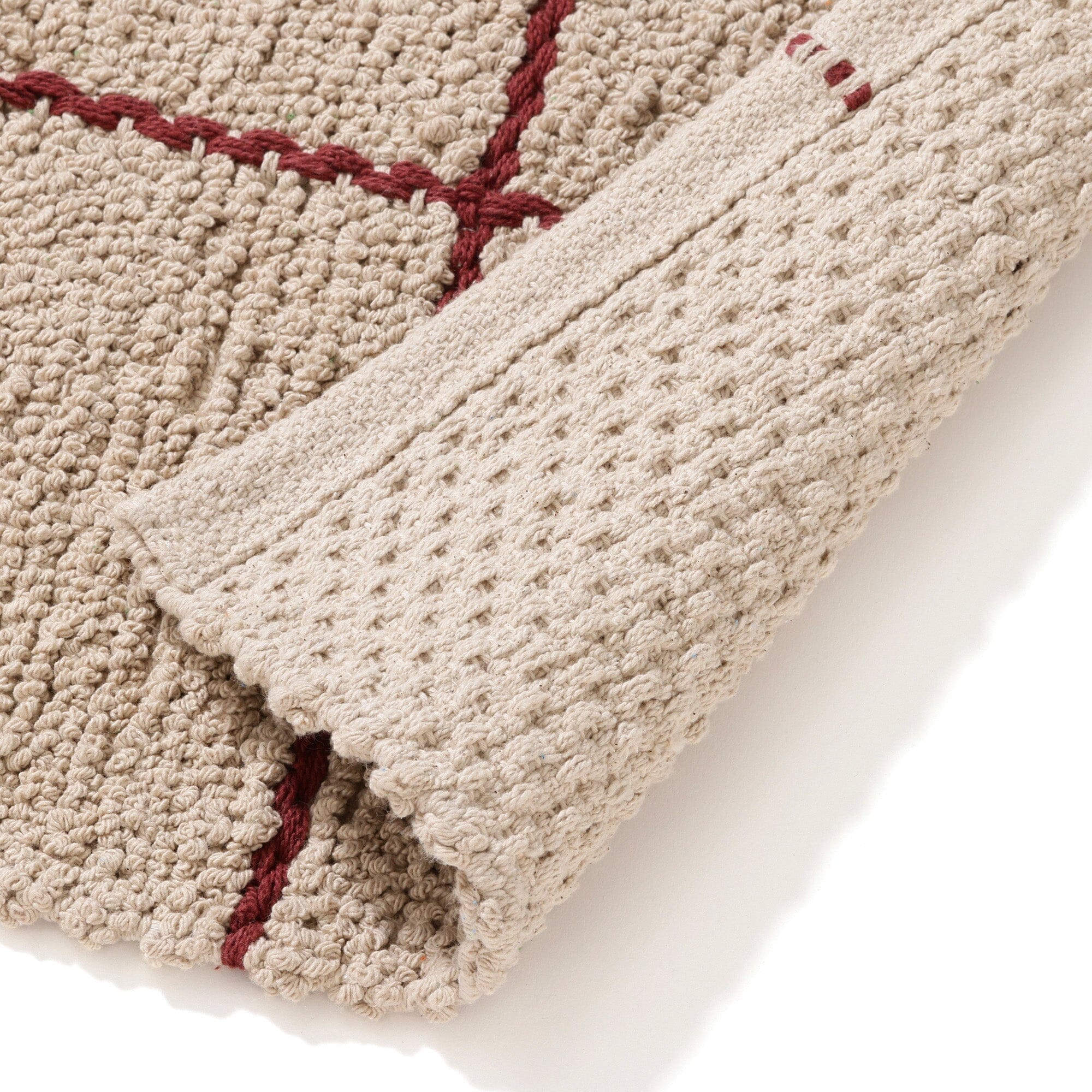 Boucle Windowpane Cotton Rug 6.5x4.5ft Medium Size Beige & Red - Soft Living Room Rug for Cozy Home Decor, Bedroom Carpet, Boho Chic Interior Design
