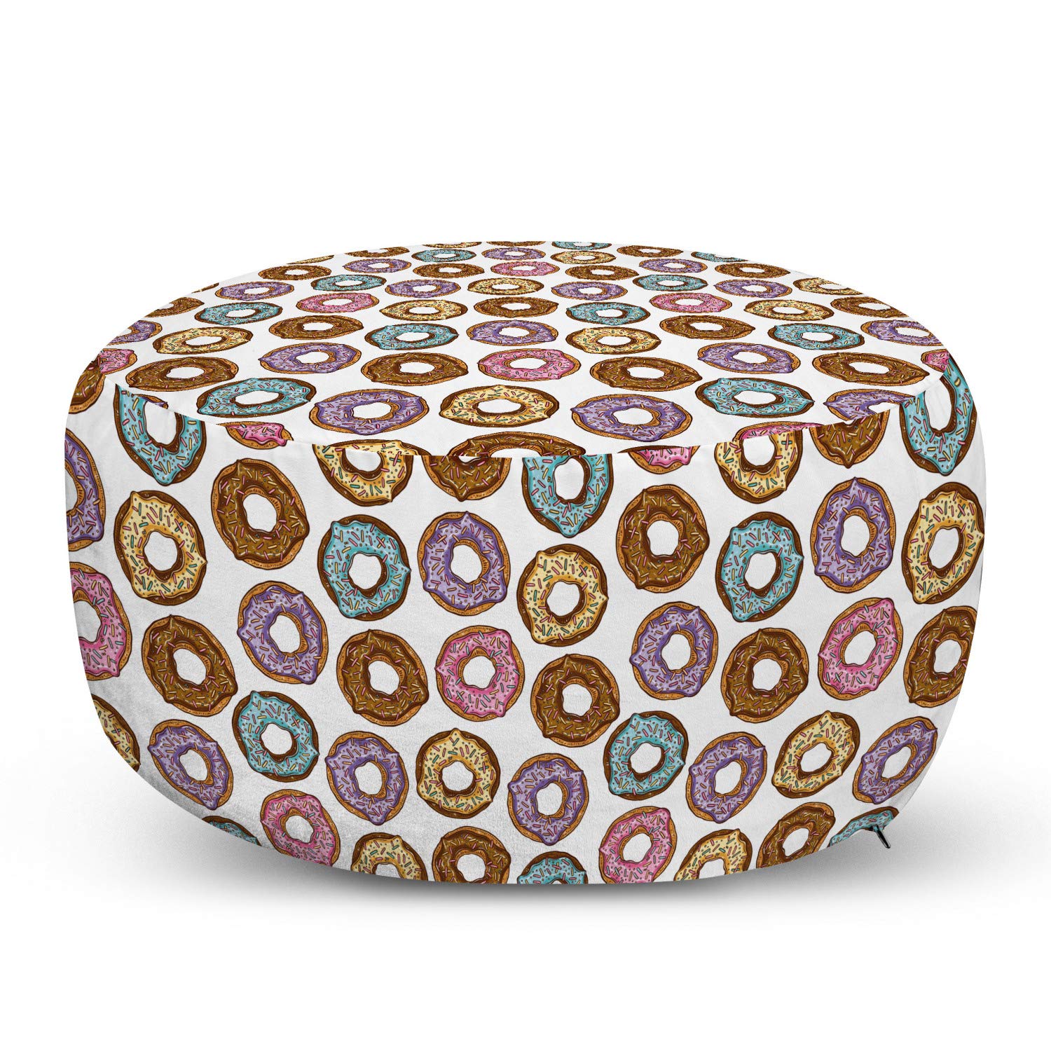 Ambesonne Donut Pouf Cover with Zipper - Colorful Bakery Sprinkles Cartoon Design on Plain Backdrop, Soft Decorative Fabric Unstuffed Case, 30