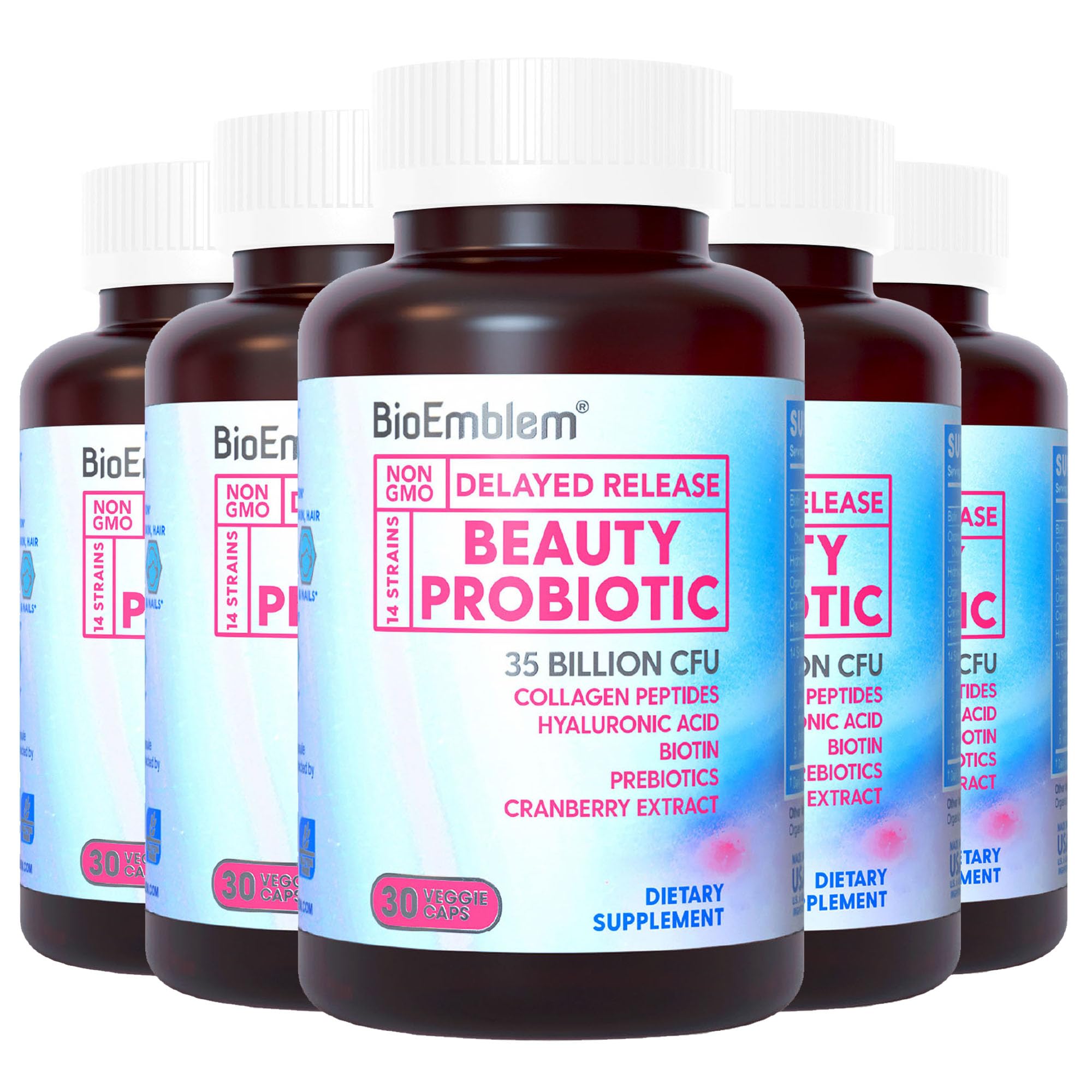 BioEmblem Beauty Probiotics for Women - 35 Billion CFU, 14 Strains with Biotin & Collagen - Digestive Health, Hair, Skin & Nails Support - Vaginal Probiotics Supplement - Shelf Stable, 150 Caps - Perfect for Daily Wellness & Beauty Routine