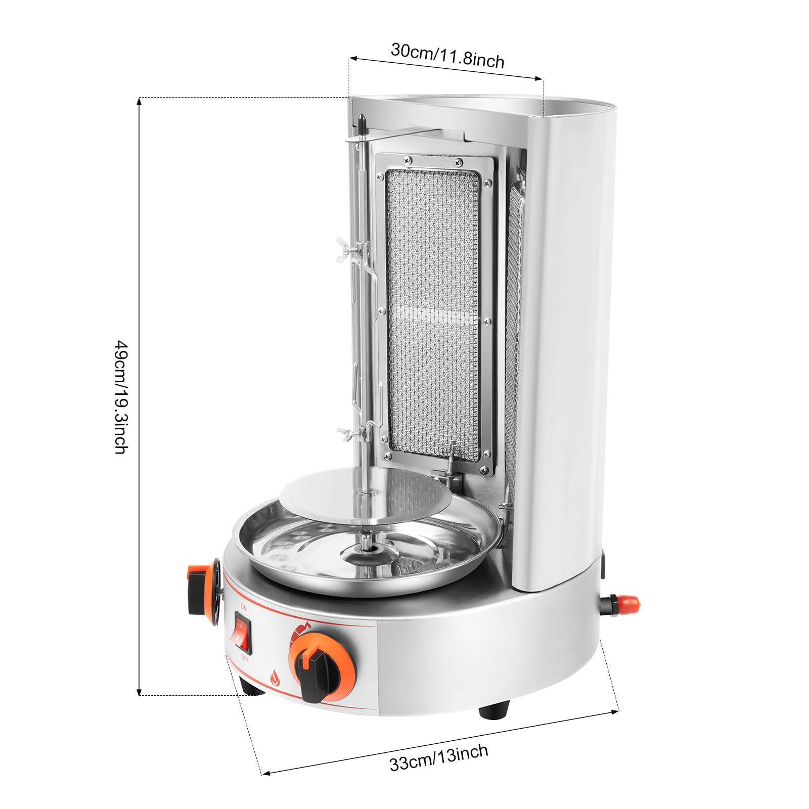 3KW Commercial Electric Vertical Broiler - Gas Doner Kebab Machine, Shawarma Rotisserie Grill with 2 Burners for Gyro, 3.28Ft Power Cord & 2.95Ft Gas Hose - Perfect for Restaurants, Food Trucks, and Catering Businesses